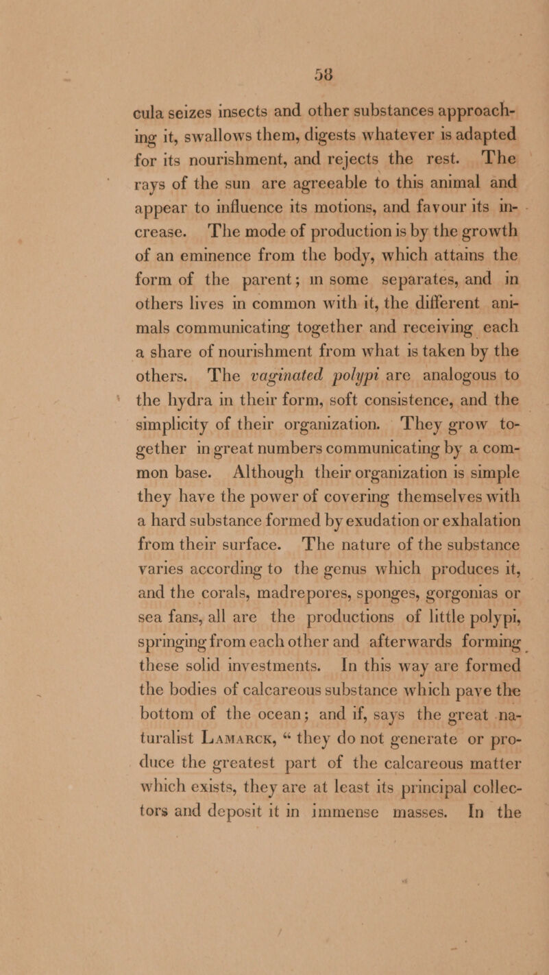 cula seizes insects and other substances approach- ing it, swallows them, digests whatever is adapted for its nourishment, and rejects the rest. The — rays of the sun are agreeable to this animal and appear to influence its motions, and favour its in- - crease. The mode of production is by the growth of an eminence from the body, which attains the form of the parent; msome_ separates, and in others lives in common with it, the different ani- mals communicating together and receiving each a share of nourishment from what is taken by the others. The vaginated polypi are analogous to the hydra in their form, soft consistence, and the — simplicity of their organization. ‘They grow to- gether in great numbers communicating by a com- mon base. Although their organization is simple they have the power of covering themselves with a hard substance formed by exudation or exhalation from their surface. The nature of the substance varies according to the genus which produces it, and the corals, madrepores, sponges, gorgonias or sea fans, all are the productions of little polypi, springing from each other and afterwards forming these solid investments. In this way are formed the bodies of calcareous substance which pave the bottom of the ocean; and if, says the great na- turalist Lamarck, “ they do not generate or pro- duce the greatest part of the calcareous matter which exists, they are at least its principal collec- tors and deposit it in immense masses. In the