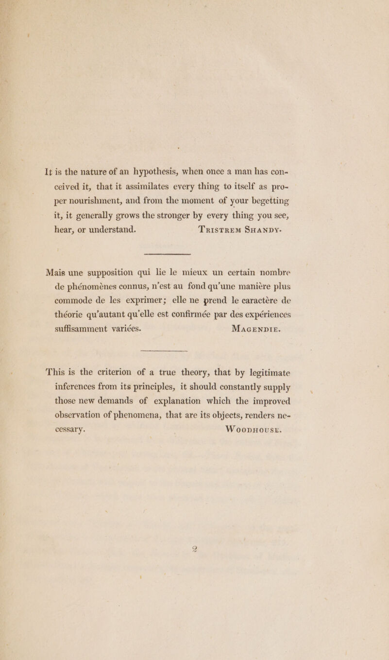 It is the nature of an hypothesis, when once a man has con- ceived it, that it assimilates every thing to itself as pro- per nourishment, and from the moment of your begetting it, it generally grows the stronger by every thing you see, hear, or understand. TRISTREM SHANDY- Mais une supposition qui lie le mieux un certain nombre de phénoménes connus, n’est au fond qu’une maniere plus commode de les exprimer; elle ne prend le caractére de théorie qu’autant qu'elle est confirmée par des expériences suffisamment varices. MaGENDIE. This is the criterion of a true theory, that by legitimate inferences from its principles, it should constantly supply those new demands of explanation which the improved observation of phenomena, that are its objects, renders ne- cessary. W oopHoust.