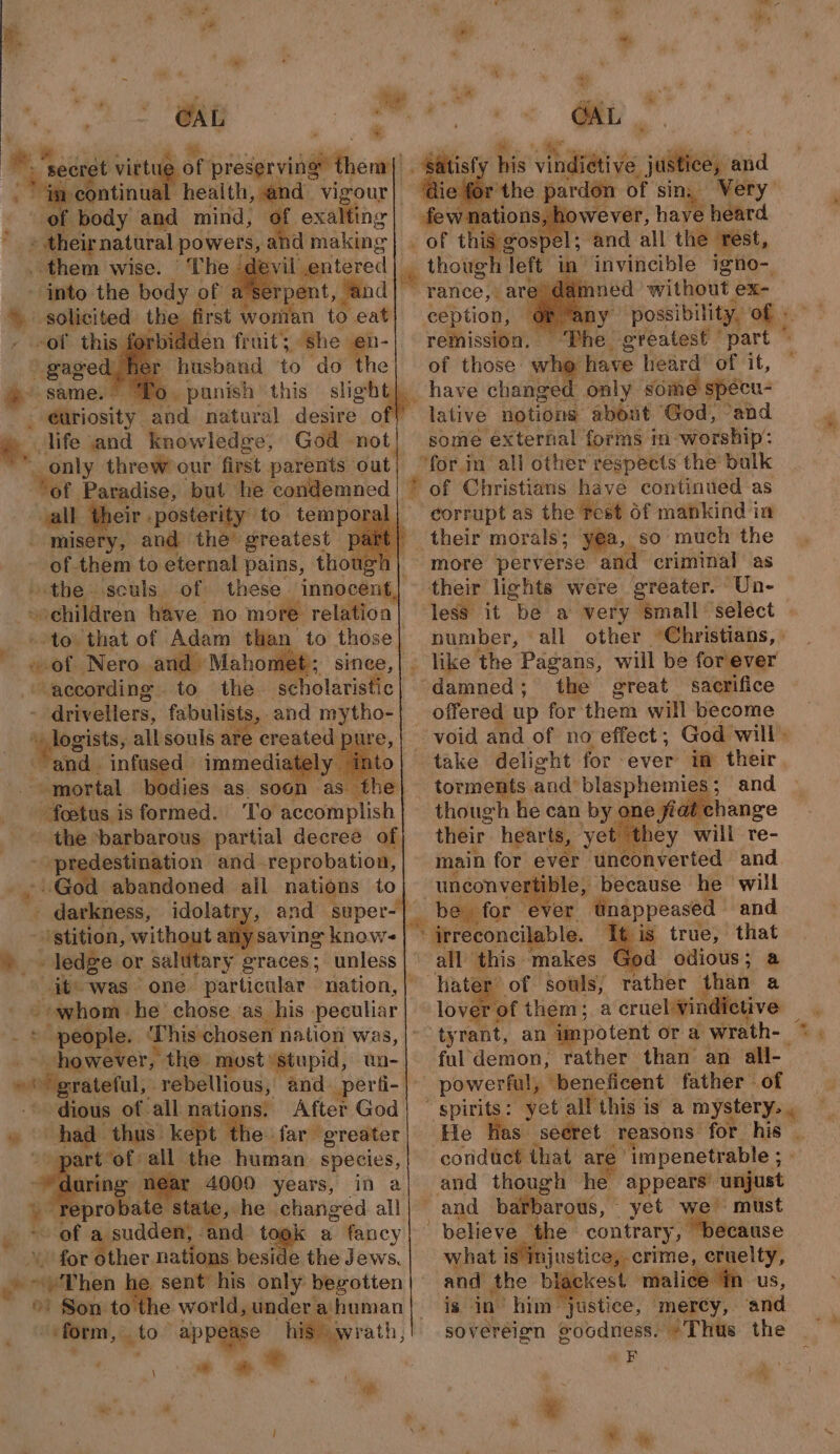 ‘. Me 2 GAL hi ¥ continue of body and mind, exalting | 3 their natural, powers, a and making . them wise. The vil entered re - into the body of a serpent, and iden fruit; ‘she. i- - husband to do the x panish this life and knowledge, God not vall their -posterity to tempo the-.scals. of these 0 ~ehilaren ive tio. moe relation --drivellers, fabulists, and mytho- nd. infused immedia' “mortal bodies as soon ase foetus isformed. To accomplish pre destination and. reprobation, God abandoned ail nations to - darkness, ‘stition, withc - ledge or salt * graces; unless * people. however, the most stupid, un- _perti- After God dious of all nati ad e far” ‘greater “had thus kept | dt ig near 4000 years, in a re] yehe changed all kK a fancy ide the Jews. ») Son to the world, under a human : - form, mto appease his wr ath, ’ \ * al aie sAtisf ts indie ve, ilies esa ie for the pardon of sin; 1; and all the rest, ned without ex- ny ‘possibility, of rance, are) ¢ ception, remission. — of those: whe Have heard of it, _have changed only some spécu- lative notions about ‘God, and some external forms in- worship: “form all other respects the’ bulk corrupt as the rest Of mankind ia , so much the er their lights were greater. Un- a es number, © damned; the great sacrifice offered up for them will become take delight for ever im their torments and’ blasphemies; and their hearts, yet they will re- main for ever ‘unconverted and unconvertible, because he will It is true, that all this makes God odious; a r of souls, rather than a lover of them; a cruel vindictive ful demon, rather than’ an all- yet allt this is a mystery, . He | and though he appears unjust yet we must what is injustice, crime, cruelty, and the blackest malice in US, is in ‘him “justice, merey, and sovereion goodness. ~Thus the iF Ce a