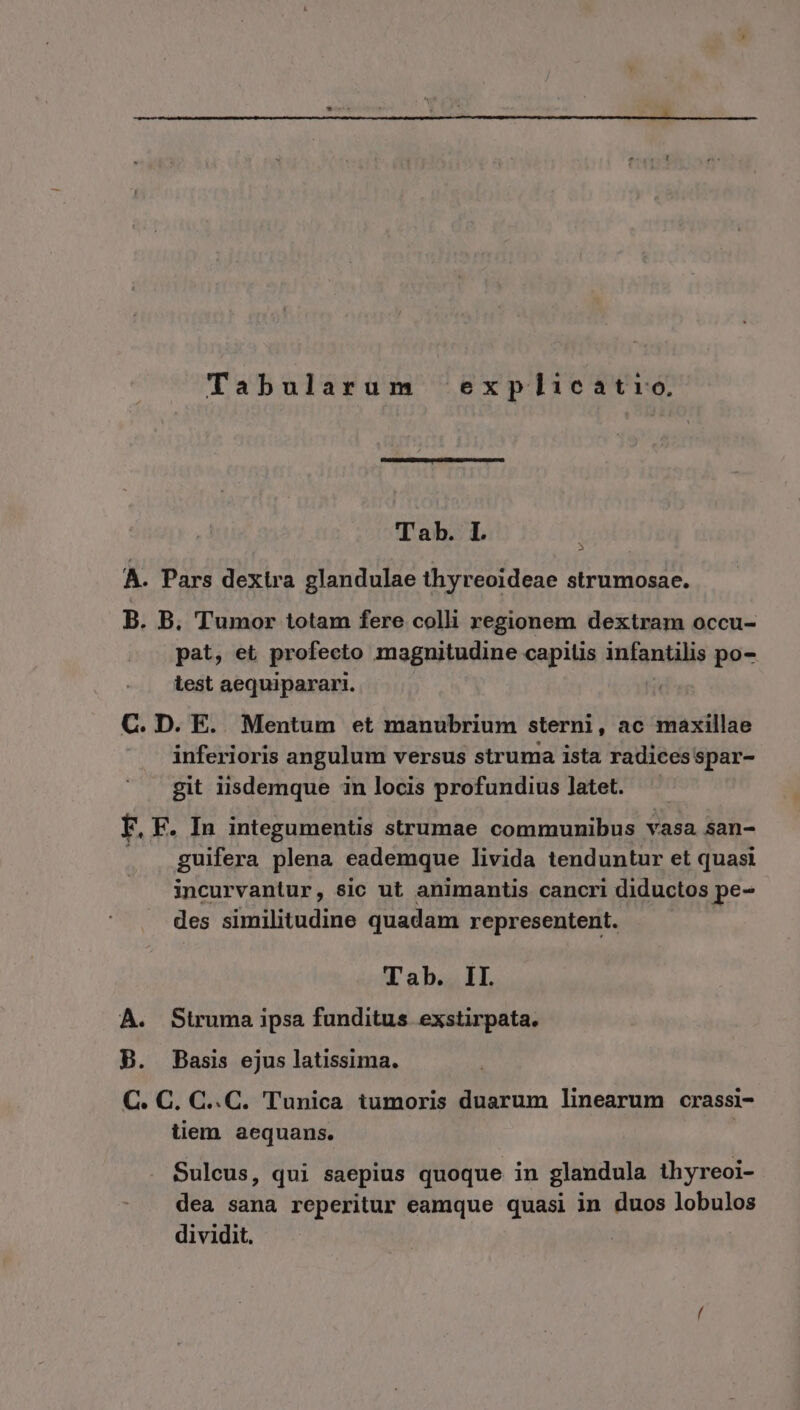 Tabularum explicat:1o. Tab. IL A. Pars dextra glandulae thyreoideae strumosae. B. B. Tumor totam fere colli regionem dextram occu- pat, et profecto magnitudine capilis infantilis po- lest aequiparari. C. D. E. Mentum et manubrium stern1, ac maxillae inferioris angulum versus struma ista radicesspar- git iisdemque in locis profundius latet. F. F. In integumentis strumae communibus vasa san- . . guifera plena eademque livida tenduntur et quasi incurvantur , sic ut animantis cancri diductos pe- des similitudine quadam representent. Tab. II. A. Struma ipsa funditus exstirpata. B. Basis ejus latissima. C. C. C..C. Tunica tumoris duarum linearum crassi- tiem aequans. Sulcus, qui saepius quoque in glandula thyreoi- dea sana reperitur eamque quasi in duos lobulos dividit. :
