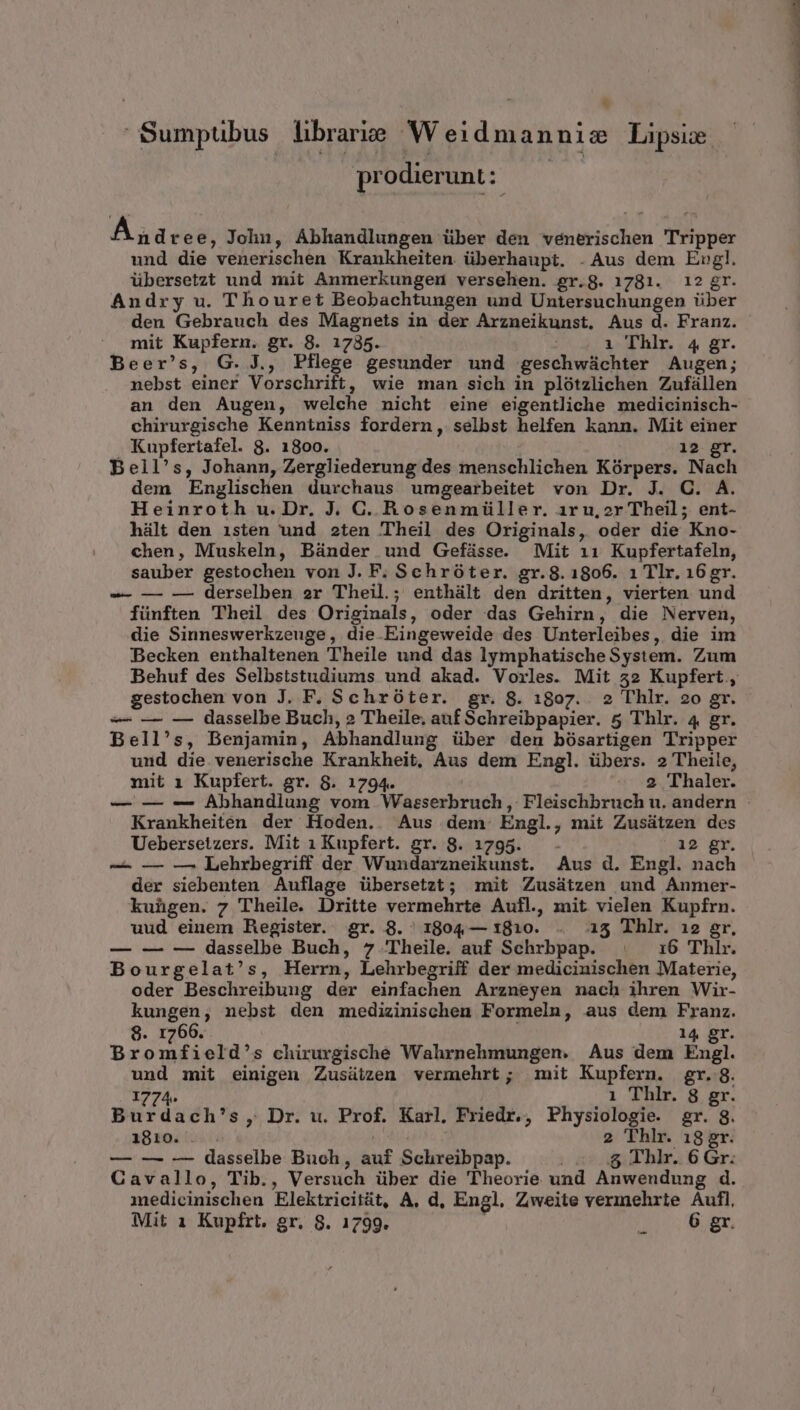 , s ^ Sumpübus hbrarie Weidmannis Lipsie. prodierunt: —— A udreé, John, Abhandlungen über den venerischen Tripper und die venerischen Krankheiten überhaupt. .Aus dem Engl. übersetzt und mit Anmerkungen versehen. gr.g. 1781. 12 gr. Andry u. Thouret Beobachtungen und Untersuchungen über den Gebrauch des Magnets in der Arzneikunst. Aus d. Franz. mit Kupfern. gr. 8. 1735. i Thlr. 4 gr. Beer's, G. J., Pflege gesunder und geschwüchter Augen; nebst einer Vorschrift, wie man sich in plótzlichen Zufállen an den Augen, welche nicht eine eigentliche medicinisch- chirurgische Kenntniss fordern, selbst helfen kann. Mit einer . Kupfertafel. 8. 1800. 12 gr. Bell's, Johann, Zergliederung des menschlichen Kórpers. Nach dem Englischen durchaus umgearbeitet von Dr. J. C. A. Heinroth u. Dr. J. C. Rosenmüller. 1ru,2r Theil; ent- hült den isten und 2ten Theil des Originals, oder die Kno- chen, Muskeln, Bánder und Gefüsse. Mit 11 Kupfertafeln, sauber gestochen von J. F. Schróter. gr.8.1806. 1 Tlr. 16 gr. -- — — derselben er Theil; enthàlt den dritten, vierten und fünften Theil des Originals, oder das Gehirn, die Nerven, die Sinneswerkzeuge, die Eingeweide des Unterleibes, die im Becken enthaltenen Theile und das lymphatische System. Zum Behuf des Selbststudiums und akad. Vorles. Mit 52 Kupfert., gestochen von J. F, Schróter. gr. 8. 1807. 2 Thlr. 20 gr. -— — — dasselbe Buch, 2 Theile, anf Schreibpapier. 5 Thlr. 4 gr. Bell's, Benjamin, Abhandlung über den bósartigen Tripper und die venerische Krankheit, Aus dem Engl. übers. 2 Theile, mit 1 Kupfert. gr. 8. 1794. - 2 Thaler. — — — Abhandlung vom Waezserbruch, Fleischbruch u. andern : Krankheiten der Hoden. Aus dem Engl., mit Zusützen des Uebersetzers. Mit 1 Kupfert. gr. 8g. 1795. 12 gr. — — —. Lehrbegriff der Wundarzneikunst. Aus d. Engl. nach der siebenten Auflage übersetzt; mit Zusátzen und Anmer- kuühgen. 7 Theile. Dritte vermehrte Aufl, mit vielen Kupfrn. uud einem Register. gr. 8. 1804— 1810. . ag Thlr. 12 gr, — — — dasselbe Buch, 7 Theile. auf Schrbpap. . 16 Thlr. Bourgelat's, Herrn, Lehrbegriif der medicinischen Materie, oder Beschreibung der einfachen Arzneyen nach ihren Wir- kungen, nebst den medizinischen Formeln, aus dem Franz. 8. 1766. 14 gr. Bromfield's chiruvrgische Wahrnehmungen. Aus dem Engl. und mit einigen Zusüizen vermehrt; mit Kupfern. gr. . 1774. 1 Thlr. 8 gr. Burdach's, Dr. u. Prof. Karl. Friedr., Physiologie. gr. 8. 1810. . . , 2 Thlr. 18 gr. — — -—- dasselbe Buch, auf Schreibpap. 08 Thlr. 6 Gr: Cavallo, Tib., Versuch über die Theorie und Anwendung d. medicinischen Elektricitüt, A, d, Engl, Zweite vermehrte Aufl.
