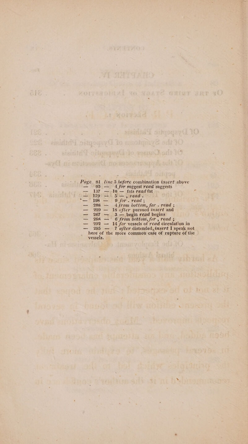 — 95 — 4 for suggest read suggests — 137 — 10 — fats read fat F — 179 —- 5—,v7ead. “—° 198 — 9 for. read; — 208 — 4 from bottom, for . read ; — 229 — 18 after pursued insert and — 267 — 3 — begin read begins — 28% — 6 from bottom, for , read ; — 292 — 14 for vessels of read circulation in — 295 — 7 after distended, insert I speak not here of the more commou case of rupture of the vessels.