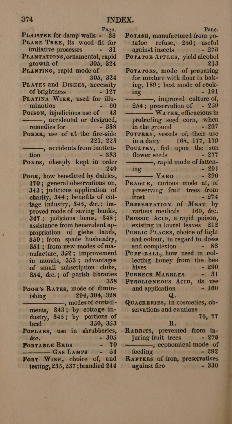 Page. Pane. PLAISTER for damp walls'- 36 PotasH, manufactured from po- PLANE TREE, its wood fit for tatoe refuse, 256; useful imitative processes - $i against insects - 278 PLANTATIONS, ornamental, rapid growth of 305, 324 PLANTING, rapid mode of 305, 324 PLATES and DisHEs, necessity of brightness - 127 PLATINA Wire, used for illu- mination - 60 PoIsoN, injudicious use of 43 » accidental or designed, remedies for - 338 PokER, use of at the fire-side 221, 223 , accidents from inatten- tion - 333 Ponps, cheaply kept in order 249 Poor, how benefitted by dairies, 170; general observations on, 343; judicious application of charity, 344; benefits of cot- tage industry, 345, &amp;c.; im- proved mode of saving banks, 341: judicious loans, 348 ; assistance from benevolent ap- propriation of glebe lands, 350; from spade husbandry, 351; from new modes of ma- nufacture, 352; improvement in morals, 353; advantages of small subscription clubs, 354, &amp;c.; of parish libraries 358 Poor’s RATES, mode of dimin- ishing 294, 304, 328 , modes of curtail- ments, 343; by cottage in- dustry, 345; by portions of land 350, 353 Popuars, use in shrubberies, &amp;e. - 305 PorTABLE BEDS - 70 Gas LAMPS - 54 Port Wine, choice of, and testing, 235, 237 ; brandied 244 PoTaTorE ApPLEs, yield alcohol 213 PoTaTors, mode of preparing for mixture with flour in bak- ing, 189; best mode of cook- ing - 191 , improved culture of, 254; preservation of - 259 WartTER, efficacious in protecting seed corn, when in the ground - 297 Porrery, vessels of, their use in a dairy 168, 177, 179 Pouttry, fed upon the sun flower seeds - 277 ————, rapid mode of fatten- ing - 29) YARD - 290 PRAGUE, curious mode at, of preserving fruit trees from frost ~ 274 PRESERVATION Of Mgat by various methods 160, &amp;c. Prussic Acip, a rapid poison, existing in laurel leaves 212 Pusuic Puacgs, choice of light and colour, in regard to dress and complexion - 83 PurF-BALL, how used in col- lecting honey from the bee hives - 290 PurBEcK MarBLES -— - 31 PYROLIGNEOUS AcID, its use and application - 160 QUACKERIES, in cosmeties, ob- servations and cautions 76,077 R juring fruit trees - 270 , economical mode of feeding - 292 RarFters of iron, preservatives against fire - 330