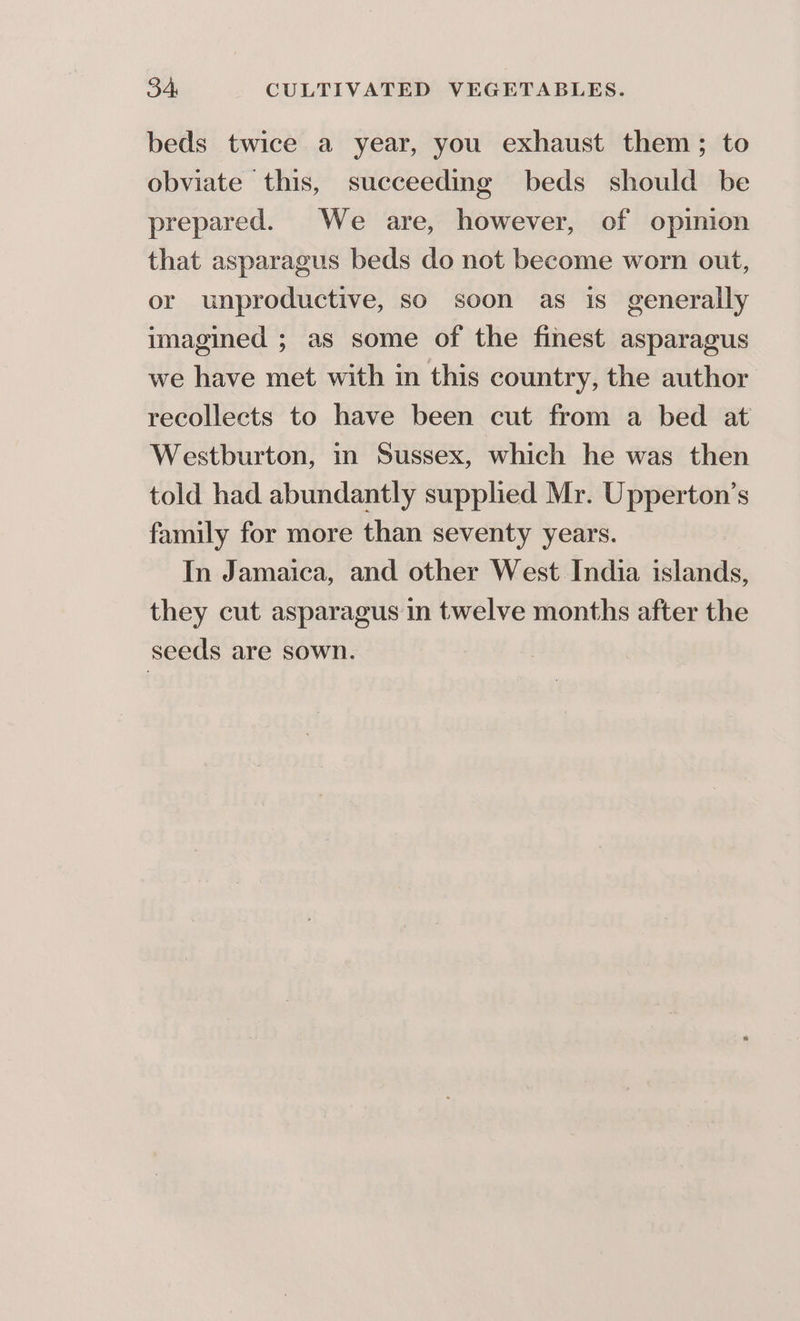 beds twice a year, you exhaust them; to obviate this, succeeding beds should be prepared. We are, however, of opinion that asparagus beds do not become worn out, or unproductive, so soon as is generally imagined ; as some of the finest asparagus we have met with in this country, the author recollects to have been cut from a bed at Westburton, in Sussex, which he was then told had abundantly supplied Mr. Upperton’s family for more than seventy years. In Jamaica, and other West India alae they cut asparagus in twelve months after the seeds are sown.