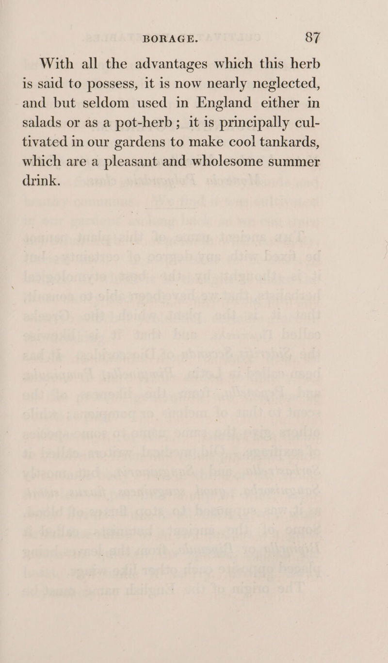 With all the advantages which this herb is said to possess, it 1s now nearly neglected, and but seldom used in England either in salads or as a pot-herb; it is principally cul- tivated in our gardens to make cool tankards, which are a pleasant and wholesome summer drink.