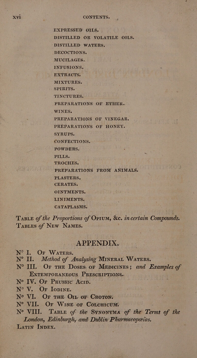 EXPRESSED OILS. | DISTILLED OR VOLATILE OILS. DISTILLED WATERS. DECOCTIONS. MUCILAGES. INFUSIONS. EXTRACTS. MIXTURES. SPIRITS. TINCTURES. PREPARATIONS OF ETHER. WINES. PREPARATIONS OF VINEGAR, PREPARATIONS OF HONEY. SYRUPS. CONFECTIONS. POWDERS. : PILLS. TROCHES. PREPARATIONS FROM ANIMALS. PLASTERS. CERATES. OINTMENTS. LINIMENTS. CATAPLASMS. N°? APPENDEX.