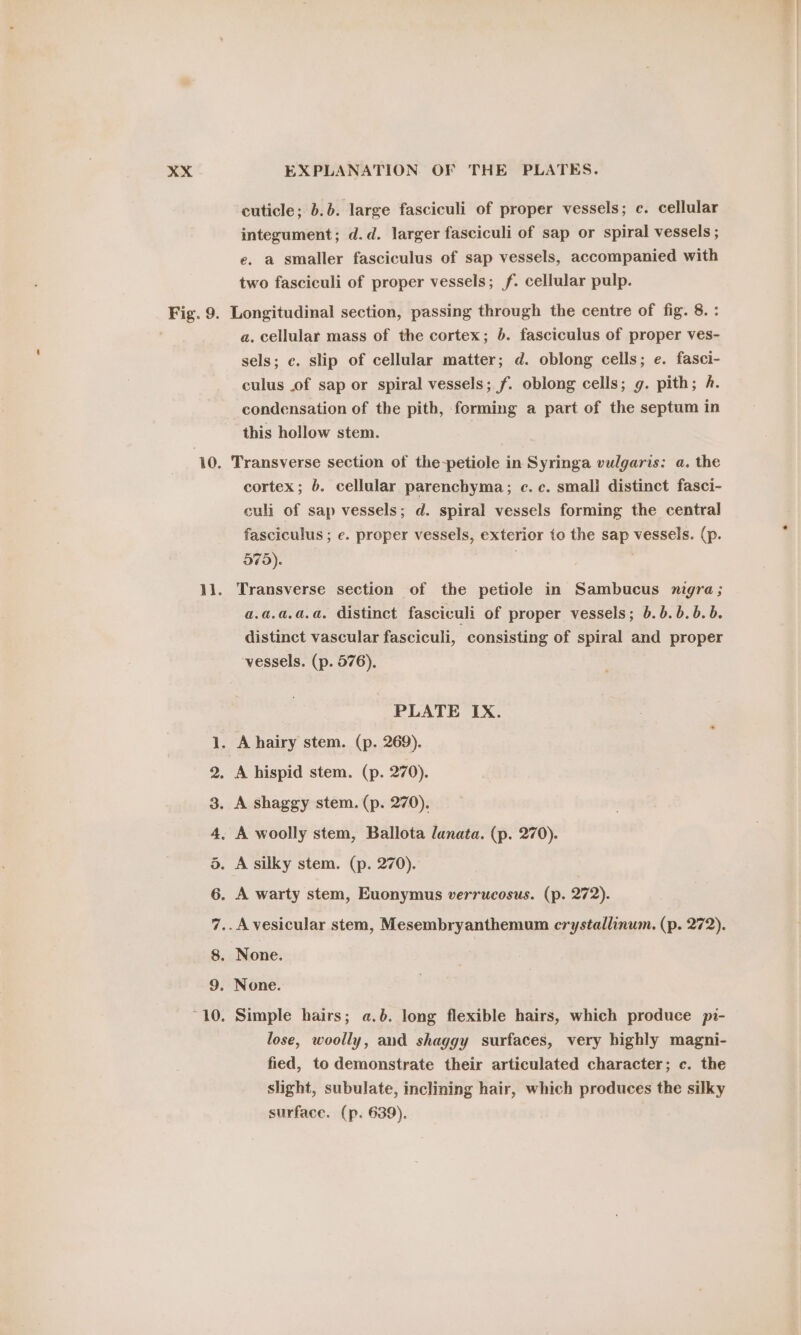 cuticle; b.b. large fasciculi of proper vessels; c. cellular integument; d.d. larger fasciculi of sap or spiral vessels ; e. a smaller fasciculus of sap vessels, accompanied with two fasciculi of proper vessels; /f. cellular pulp. wm G oO = SC Om ts mD Or a. cellular mass of the cortex; 6. fasciculus of proper ves- sels; c. slip of cellular matter; d. oblong cells; e. fasci- culus .of sap or spiral vessels; f. oblong cells; g. pith; A. condensation of the pith, forming a part of the septum in this hollow stem. Transverse section of the-petiole in Syringa vulgaris: a. the cortex; 6. cellular parenchyma; c.c. smali distinct fasci- culi of sap vessels; d. spiral vessels forming the central fasciculus ; e. proper vessels, exterior to the sap vessels. (p. 575). | ) Transverse section of the petiole in Sambucus nigra; a.a.a.a.a. distinct fasciculi of proper vessels; 6.6.6... distinct vascular fasciculi, consisting of spiral and proper vessels. (p. 576), PLATE IX. None. Simple hairs; a.b. long flexible hairs, which produce pi- lose, woolly, and shaggy surfaces, very highly magni- fied, to demonstrate their articulated character; c. the slight, subulate, inclining hair, which produces the silky surface. (p. 639).
