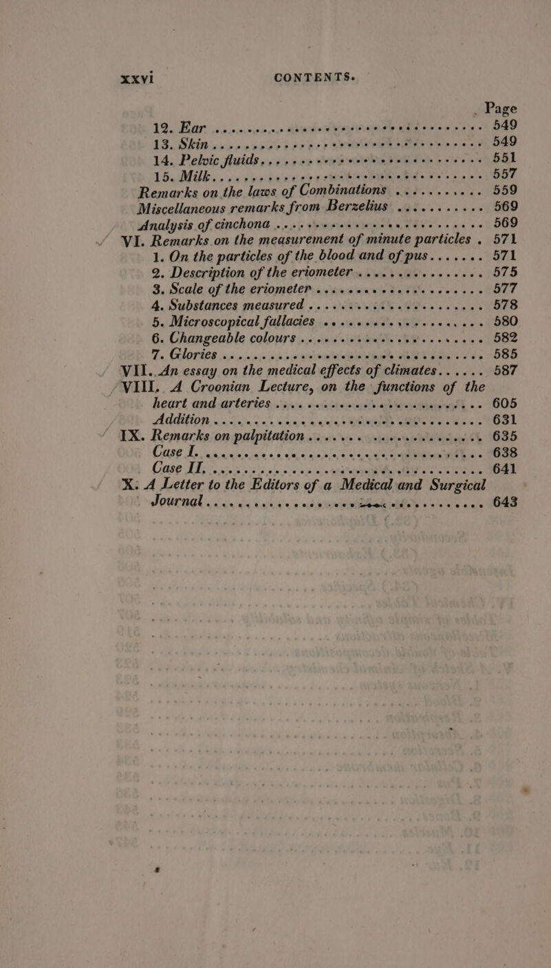 Page Pee. inci pani vlaiiiané ist Ce .. 549 13. SRin ooo ooeed ooo he) UMM Set eee ond 549 14. Pelvic fluids....++++++ cewptend ahs vise 551 EOE ee Pee iia stan Behe Poss o's 557 Remarks on the laws of Combinations ....... (og eee Miscellaneous remarks from Berzelius ..........- 569 Analysis of cinchona .....¢6eeeeeers Wo ee ee 569 VI. Remarks on the measurement of minute particles . 571 1. On the particles of the blood and of pus..... » » SEL 2. Description of the eriometer....ceseceseeves 575 3. Scale of the eriomete?P...icccwceicdecticccccces $77 4. Substances measured ..... cee cece eeevcsaees 578 5. SIPEG LD in\s init WRB « cane» CABO 6. Changeable colours j..s,..csietiewele bE se. so oes | DOL To, CRLOVICS .. 6-0 ,n505e dina gE eS nh ORE date. soe OBS VII..An essay on the medical effects of climates...... 587 VIII. A Croonian Lecture, on the functions of the heart and .artertes,\.p waiiaresres ach ieeiatjain ay, » « 605 Hddition wo 3. es Wena ‘amaeds &amp; BR ac Wis 631 IX. Remarks on palpitation .....0. 0 seveseee tenes 635 CO Te Nica cilia «6 calanvtela ae in ith « « $688 Case Td sintic ais 's oles 0:5 5/apa see arti ae ue 641 X. A Letter to the Editors of a Medical and Surgical