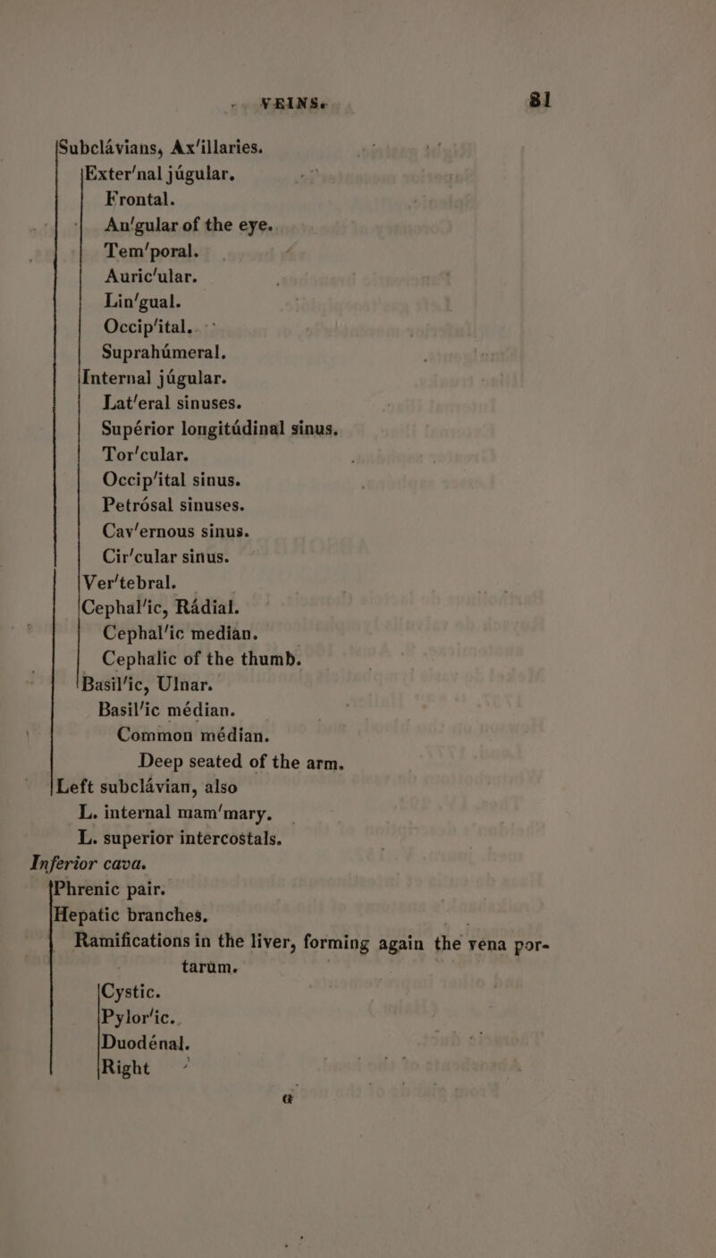 Subclavians, Ax’illaries. Exter’nal jugular, Frontal. An'gular of the eye. Tem’poral. Auric’ular. Lin’gual. Occip’ital.. °° Suprahimeral, Internal jagular. Lat’eral sinuses. Supérior longitudinal sinus. Tor'cular. Occip’ital sinus. Petrosal sinuses. Cav‘ernous sinus. Cir’cular sinus. Vertebral; Cephal’ic, Radial. Cephal’ic median. | Cephalic of the thumb. Basil‘ic, Ulnar. Basil/ic médian. Common médian. Deep seated of the arm. Left subclavian, also L. internal mam‘mary. L. superior intercostals. Inferior cava. ~ tPhrenic pair. Hepatic branches, wee Ramifications in the liver, forming again the vena por- tarum. . Cystic. Pylor‘ic. Duodénal. Right