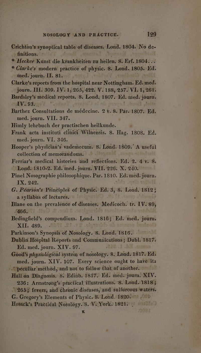 Crichton’s synoptical table of diseases. Lond. 1804. No ) de- _ finitions. | 7 Hecker Kunst die ktankheiten zu heilen. 8. Erf. 1804... * Clarke’s modern practice of ne 8. Lond. (1805. Bd. med. journ. IT. 81. Clarke’s reports from the hospital near No ttingghcite Ed: med. journ. III. 309. IV.1; 265, 422. V. 188, 257. VI. 1, 261. Bardsley’s medical chchien 8. Lond. 1807. Ed: med. —— SEN I9Sag0% **. Barthez Consultations de médecine. 2 ¥. 8. Par. 1807. Ed. med. journ. VII. 347. Himly lehrbuch der practischen heilkunde. Frank acta instituti clinici Wilnensis. 8. Hag. 1808. Ed. med. journ. VI. 346. Hooper’s physician’s vademecum. 8. Lond. 1809. A useful collection of memorandums. — Ferriar’s medical histories and reflections. Kd. 2. 4 v. 8. Lond. 1810-2. Ed. med. journ. VII. 226. X. 240. ~ Pinel Nosographie philosophique. Par. 1810. oo med. journ. IX. 242. G. Péarsén’s Principles of Physic. Ed. 3, 8. Lond. 1812; a syllabus of lectures. Blane on the prevalence of diseases. “Medicoch. tr. IV. 89, “466. Bedingfield’s compendium. Lond. 18165 Ed. med. ep XII. 489. Parkinson’s Synopsis of N Hobod. 8. Lond. 1816. Dublin Hospital Reports and Communications ; Dubl. 1817. Ed. med, journ. XIV. 97. Good’s physiological system of nosology. 8. Tlie 1817. Ed. med. journ. XIV. 107. Every science ought to have ‘its .™peciiliar’ method, and not to follow that.of another. Hall on Diagnosis. 8. Edinb. 1817. Ed. med: journ. XIV. 236: Armstrong’s' practical illustrations. ‘8. Lond. 18183 . 2655 fewers, and Chronic diseases, and sulfureous waters. G. Gregory’s Elements of Physic. 8. Lond. 1820. .' Hosack’s Practical Nosology. 8. Vi Yorks 1821. 8 2 O08: