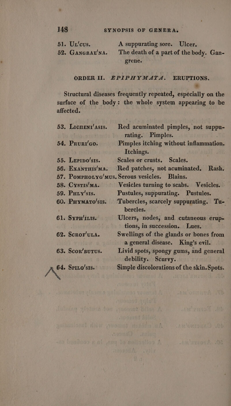 51. Ux'cus. A suppurating sore. Ulcer. 52. Gancrar'na. The death of a part of the body. Gan- grene. ORDER II. HPIPHYMATA. ERUPTIONS. * Structural diseases frequently repeated, espécially on the surface of the body: the whole system appearing to be affected. 53. Licneni’asis. Red acuminated pimples, not suppu-~ rating. Pimples. 54. Pruri'co. Pimples itching without salferrsntias Itchings. 55. Lepipo’sts. Scales or crusts. Scales. 56. Exanruis’ma. Red patches, not acuminated. Rash, 57. Pompnotya'mus. Serous vesicles. Blains. 58. Cystis'mA. Vesicles turning to scabs. Vesicles. 59. Puty’sts. Pustules, suppurating. Pustules. 60. Puymaro’sis. ‘Tubercles, scarcely suppurating. Tu- bercles. 61. Sypn’r11s. Ulcers, nodes, and. cutaneous erup~ tions, in succession.. Lwues. 62. Scror’uLA. Swellings of the glands or bones from a general disease. King’s evil. 63. Scor’sutus. Livid spots, spongy gums, and general debility. Scurvy. KX Spizo’sIs. Simple discolorations of the skin. Spots.