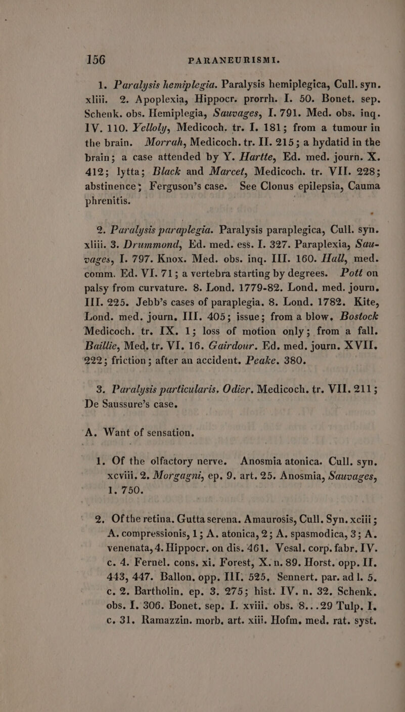 1. Paralysis hemiplegia. Paralysis hemiplegica, Cull. syn. xliii. 2. Apoplexia, Hippocr. prorrh. I. 50. Bonet. sep. Schenk. obs. Hemiplegia, Sauwvages, I. 791. Med. obs. ing. 1V. 110. Yelloly, Medicoch. tr. I. 181; from a tumour in the brain. Morrah, Medicoch. tr. II. 215; a hydatid in the brain; a case attended by Y. Hartte, Ed. med. journ. X. 412; lytta; Black and Marcet, Medicoch. tr. VII. 228; abstinence; Ferguson’s case. See Clonus epilepsia, Cauma phrenitis. 2. Paralysis paraplegia. Paralysis paraplegica, Cull. syn. xliii. 3. Drummond, Ed. med. ess. I. 327. Paraplexia, Sau- vages, I. 797. Knox. Med. obs. ing. III. 160. Hall, med. comm. Ed. VI. 71; a vertebra starting by degrees. Pott on palsy from curvature. 8. Lond. 1779-82. Lond. med. journ. III. 225. Jebb’s cases of paraplegia. 8. Lond. 1782. Kite, Lond. med. journ, III. 405; issue; from a blow, Bostock Medicoch. tr. IX. 1; loss of motion only; from a fall. Baillie, Med. tr. VI. 16. Gatrdour. Ed. med, journ. XVII. ‘222; friction; after an accident. Peake. 380. 3. Paralysis particularis, Odier. Medicoch. tr. VII. 211; De Saussure’s case. A. Want of sensation. 1, Of the olfactory nerve. Anosmia atonica. Cull. syn. xcvili. 2, Morgagni, ep. 9. art. 25. Anosmia, Sauvages, 1. 750. 2, Ofthe retina. Gutta serena. Amaurosis, Cull. Syn. xciii; A. compressionis, 1; A. atonica, 2; A. spasmodica, 3; A. venenata, 4. Hippocr. on dis. 461. Vesal. corp. fabr. IV. c. 4. Fernel. cons. xi. Forest, X.n. 89. Horst. opp. I. 443, 447. Ballon. opp. ILI. 525, Sennert. par. ad. 5. c. 2. Bartholin. ep. 3. 275; hist. IV. n. 32. Schenk. obs. I. 306. Bonet. sep. I. xviii. obs. 8...29 Tulp. I. c. 31, Ramazzin. morb, art. xiii. Hofm. med. rat. syst.