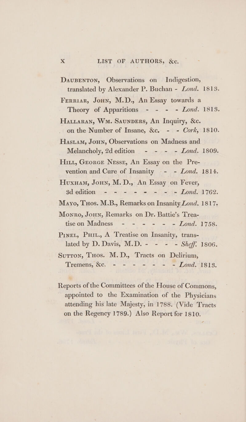 DavuBENTON, Observations on Indigestion, translated by Alexander P. Buchan - Lond. 1813. Ferriar, Joun, M.D., An Essay towards a Theory of Apparitions - - - - Lond. 1813. Hatiaran, Wo. Saunpers, An Inquiry, &amp;c. on the Number of Insane, &amp;c. - - Cork, 1810. HasuaM, Joun, Observations on Madness and Melancholy, 2d edition - - - - Lond. 1809. Hitt, Grorce Nessr, An Essay on the Pre- vention and Cure of Insanity .- - Lond. 1814. Huvuxuam, Joun, M. D., An Essay on Fever, 38d edition - - - - = - - = Lond. 1762. Mayo, Tuos. M.B., Remarks on Insanity Zond. 1817. Mowro, Joun, Remarks on Dr. Battie’s Trea- tiseon Madness - - - - - = Lond. 1758. Pinet, Puit., A Treatise on Insanity, trans- lated by D. Davis, M.D. - - - - Sheff: 1806. Surron, Tuos. M.D., Tracts on Delirium, Tremens, &amp;c. - - - - - - - Lond. 1813. Reports of the Committees of the House of Commons, appointed to the Examination of the Physicians attending his late Majesty, in 1788. (Vide Tracts on the Regency 1789.) Also Report for 1810. 4