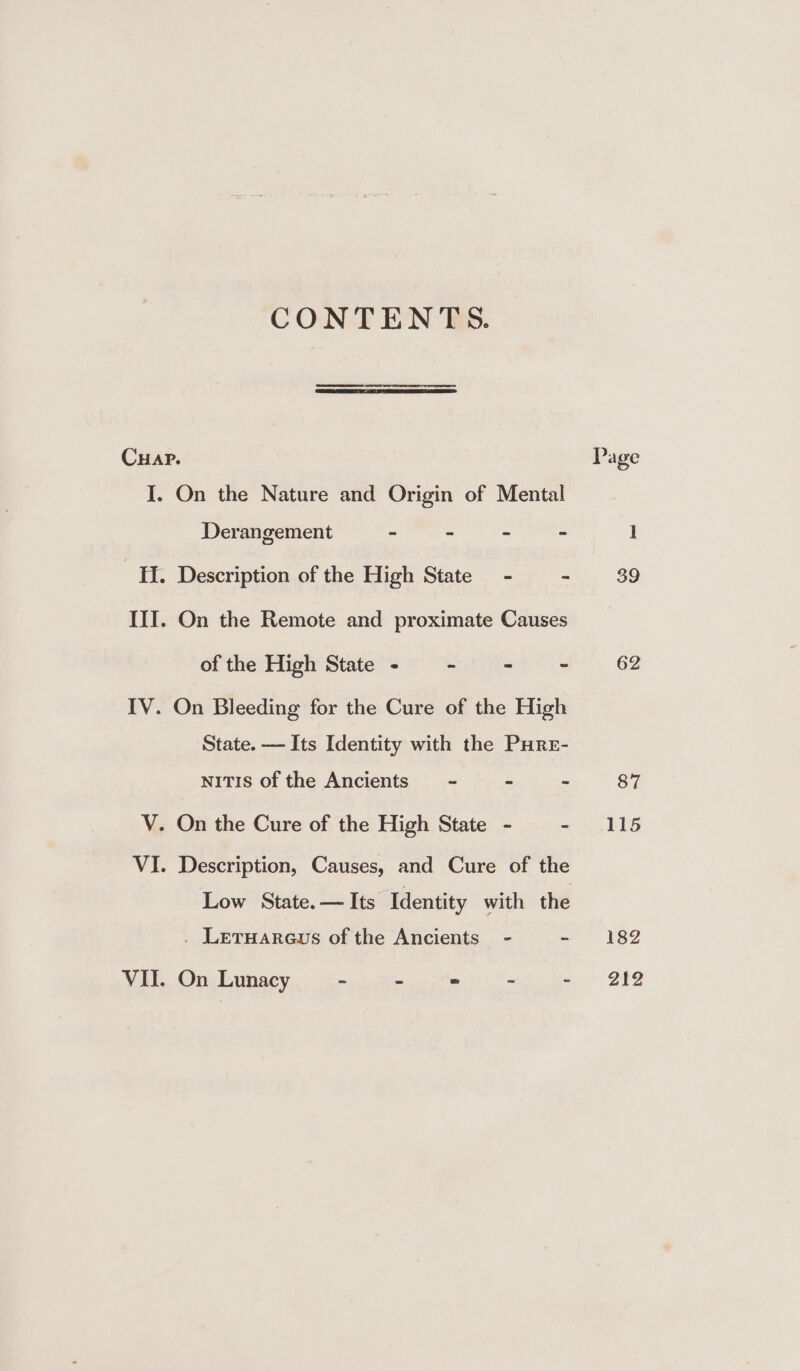 CONTENTS. Cuap. Page I. On the Nature and Origin of Mental Derangement - - - = I Ti. Description of the High State - - 39 III. On the Remote and proximate Causes of the High State - ~ - - 62 IV. On Bleeding for the Cure of the High State. — Its Identity with the Pure- NITIS of the Ancients - - - 87 V. On the Cure of the High State - - 115 VI. Description, Causes, and Cure of the Low State.—Its Identity with the . Letuareus of the Ancients - a. BSD