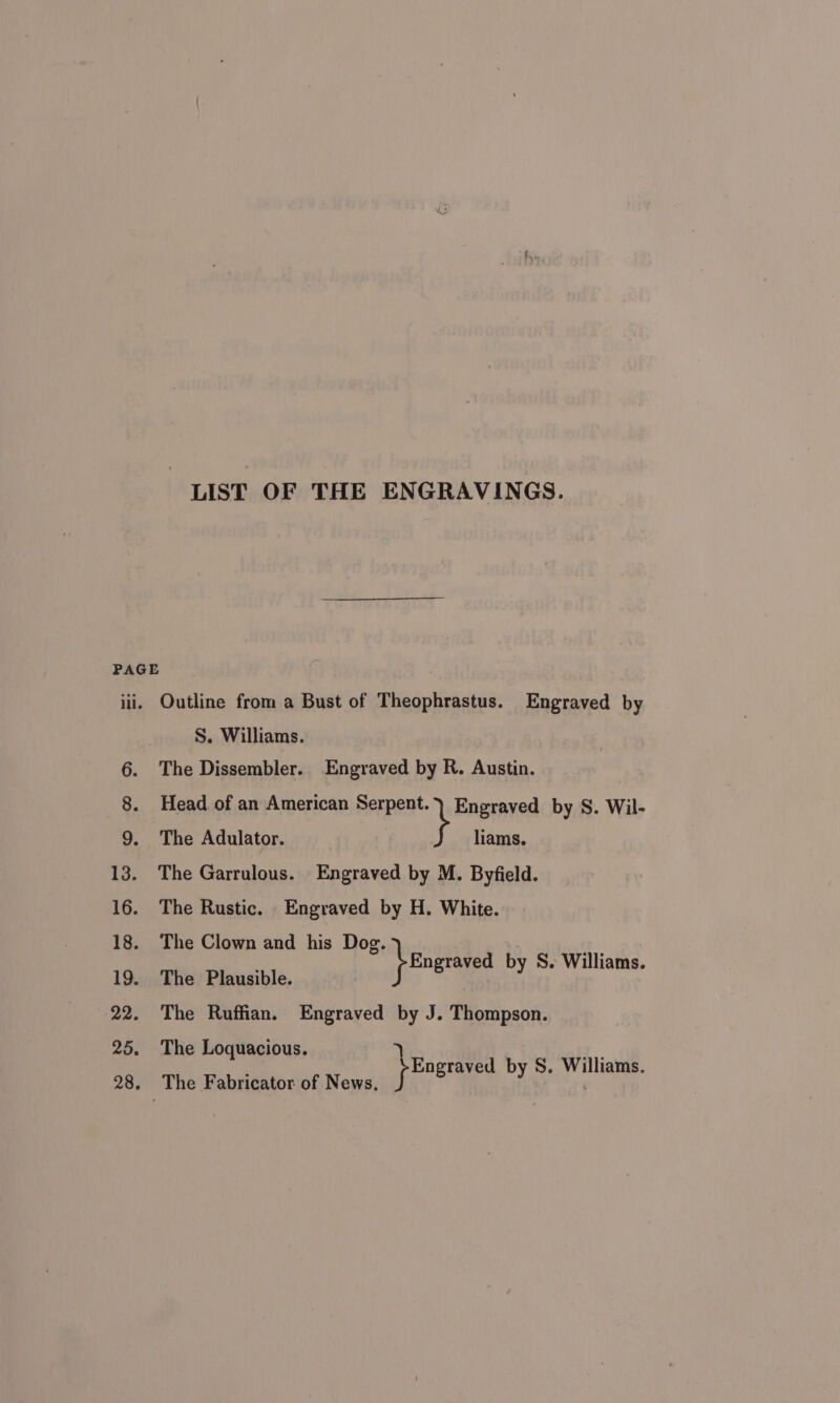 LIST OF THE ENGRAVINGS. Outline from a Bust of Theophrastus. Engraved by S. Williams. The Dissembler.. Engraved by R. Austin. Head. of an American re reena by S. Wil- The Adulator. The Garrulous. Engraved by M. Byfield. The Rustic. Engraved by H. White. The Clown and his Dog. The Plausible. The Ruffian. Engraved by J. Thompson. liams. } tingraved by S. Williams. The Loquacious. 7 | r poet by S. Williams.