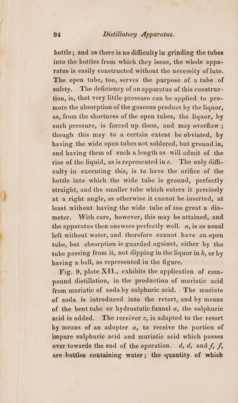 bottle; and as there is no difficulty in grinding the tubes into the bottles from which they issue, the whole appa- ratus is easily constructed without the necessity of lute. The open tube, too, serves the purpose of a tube of safety. The deficiency of an apparatus of this construc- tion, is, that very little pressure can be applied to pro- mote the absorption of the gaseous product by the liquor, as, from the shortness of the open tubes, the liquor, by such pressure, is forced up them, and may overflow ; though this may to a certain extent be obviated, by having the wide open tubes not soldered, but ground in, and having them of such alengthas will admit of the rise of the liquid, as isrepresented ine. The only diffi- culty in executing this, is to have the orifice of the bottle into which the wide tube is ground, perfectly straight, and the smaller tube which enters it precisely at a right angle, as otherwise it cannot be inserted, at least without having the wide tube of too great a dia- meter. With care, however, this may be attained, and the apparatus then answers perfectly well. a, is as usual left without water, and therefore cannot have an open tube, but absorption is guarded against, either by the tube passing from it, not dipping in the liquor in A, or by having a ball, as represented in the figure. Fig. 9, plate XII., exhibits the application of com- pound distillation, in the production of muriatic acid from muriatic of sodaby sulphuric acid. The muriate of soda is introduced into the retort, and by means of the bent tube or hydrostatic funnel a, the sulphuric acid is added. The receiver c, is adapted to the retort by means of an adopter a, to receive the portion of impure sulphuric acid and muriatic acid which passes over towards the end of the operation. d,d, and f, f, are bottles containing water; the quantity. of which