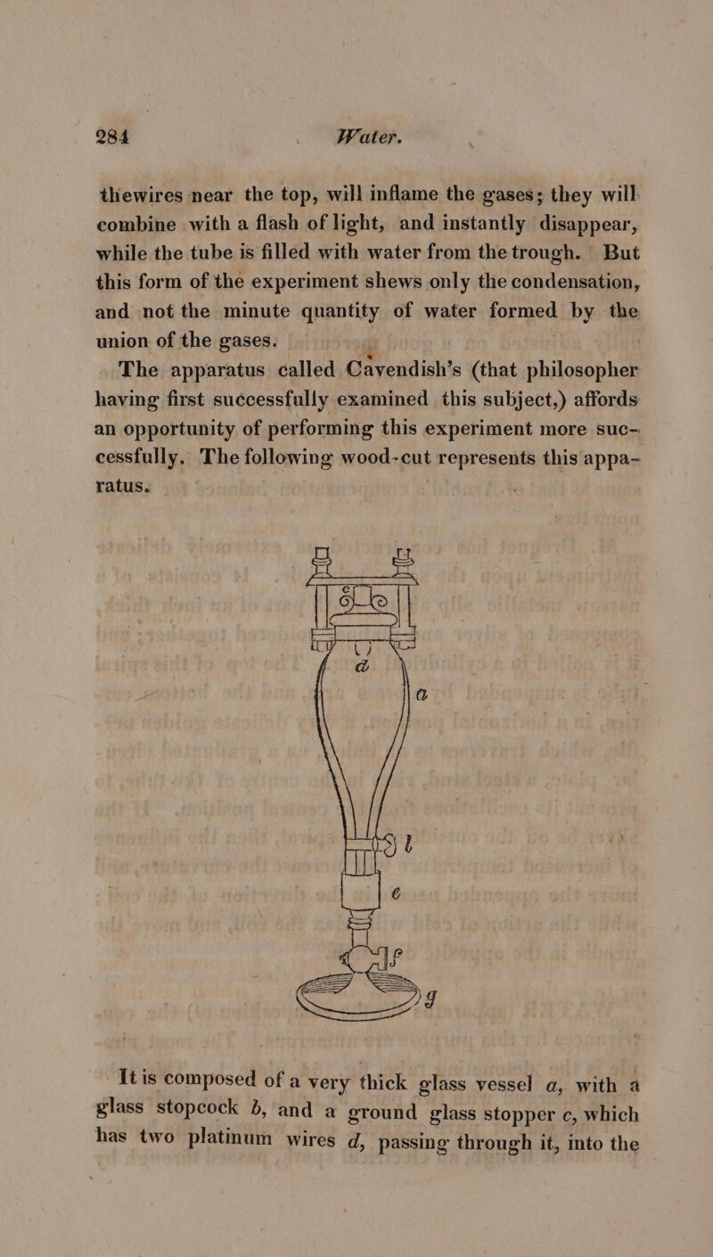 thewires near the top, will inflame the gases; they will: combine with a flash of light, and instantly disappear, while the tube is filled with water from the trough. But this form of the experiment shews only the condensation, and not the minute quantity of water formed Lby: the union of the gases. The apparatus called Goreailishs (that AE AE. having first successfully examined this subject,) affords an opportunity of performing this experiment more suc- cessfully. The following wood-cut represents this appa- ratus. [tis composed of a very thick glass vessel a, with a glass stopcock 5, and a ground glass stopper c, which has two platinum wires d, passing through it, ito the