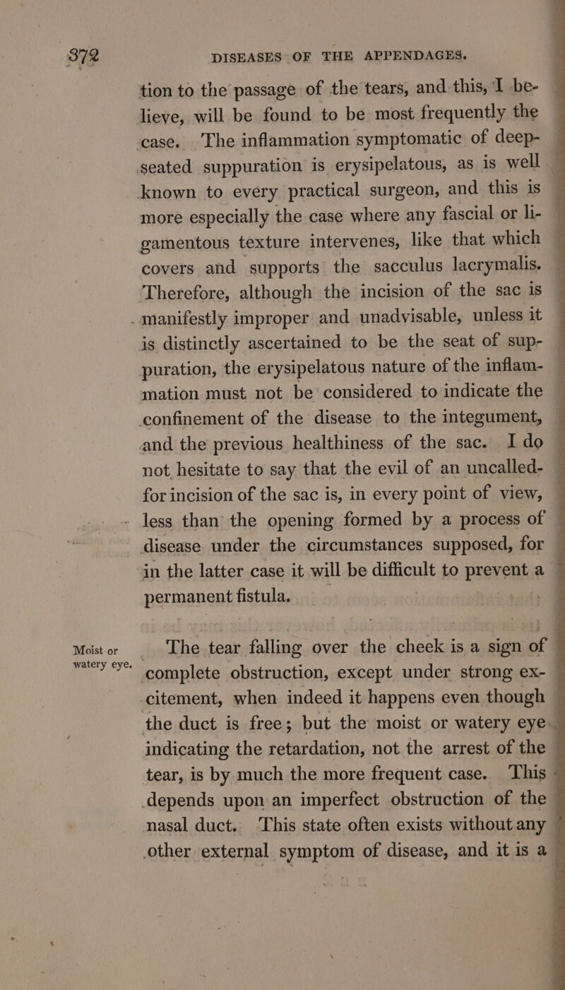 tion to the passage of the tears, and this, I be- lieve, will be found to be most frequently the more especially the case where any fascial or li- covers and supports the sacculus lacrymalis. not, hesitate to say that the evil of an uncalled- for incision of the sac is, in every point of view, Moist or in the latter case it will be difficult to prevent a — permanent fistula. | The tear falling ae the cheek is a sign a, ‘ citement, when indeed it happens even though — indicating the retardation, not the arrest of the ‘ tear, is by much the more frequent case. This ~