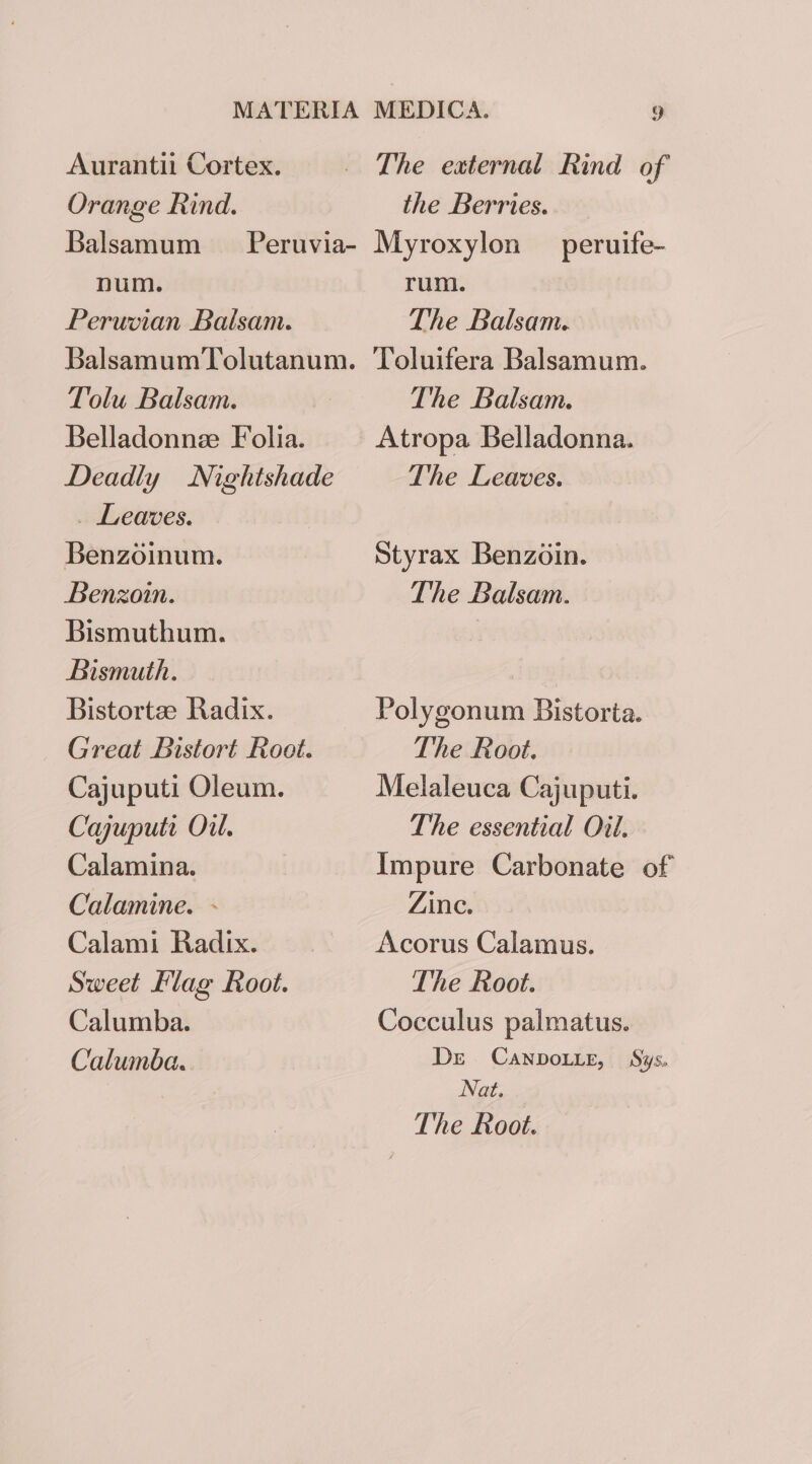 Auranti Cortex. Orange Rind. The external Rind of the Berries. num. Peruvian Balsam. rum. The Balsam. Tolu Balsam. Belladonnze Folia. Deadly Nightshade _ Leaves. Benzoinum. Benzoin. Bismuthum. Bismuth. Bistortze Radix. Great Bistort Root. Cajuputi Oleum. Cajuputi Oil. Calamina. Calamine. - Calami Radix. Sweet Flag Root. Calumba. Calumba. The Balsam. Atropa Belladonna. The Leaves. Styrax Benzoin. The Balsam. Polygonum Bistorta. The Root. Melaleuca Cajuputi. The essential Oil. Impure Carbonate of Zinc. Acorus Calamus. The Root. Cocculus palmatus. Dr Canpoiie, Sys. Nat.