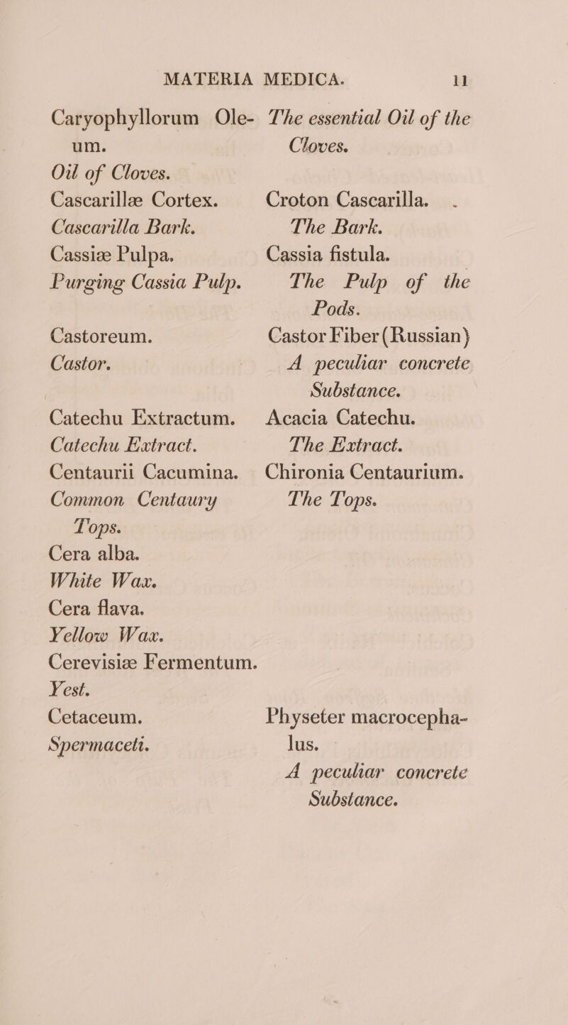 Caryophyllorum Ole- The essential Oil of the um. Cloves. Out of Cloves. Cascarillae Cortex. Croton Cascarilla. Cascarilla Bark. The Bark. Cassize Pulpa. Cassia fistula. Purging Cassia Pulp. The Pulp of the Pods. Castoreum. Castor Fiber ( Russian} Castor. | A pecuhar concrete Substance. Catechu Extractum. Acacia Catechu. Catechu Extract. The Extract. Centaurii Cacumina. Chironia Centaurium. Common Centaury The Tops. Tops. Cera alba. White Wax. Cera flava. Yellow Wax. Cerevisize Fermentum. Yest. | Cetaceum. Physeter macrocepha- Spermacett. lus. A peculiar concrete Substance.