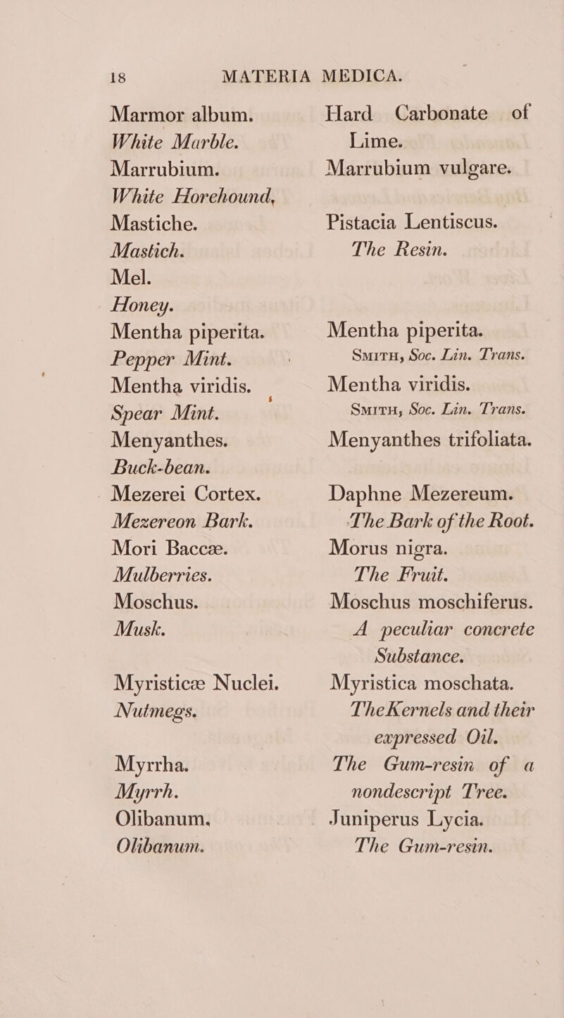Marmor album. White Marble. Marrubium. White Horehound, Mastiche. Mastich. Mel. Honey. Mentha piperita. Pepper Mint. Mentha viridis. Spear Mint. Menyanthes. Buck-bean. - Mezerei Cortex. Mezereon Bark. Mori Baccee. Mulberries. Moschus. Musk. Myristicze Nuclei. Nuimegs. Myrrha. Myrrh. Olibanum. Olibanum. Hard Carbonate of Lime. Marrubium vulgare. Pistacia Lentiscus. The Resin. Mentha piperita. SmitH, Soc. Lin. Trans. Mentha viridis. SmitH, Soc. Lin. Trans. Menyanthes trifoliata. Daphne Mezereum. The Bark of the Root. Morus nigra. The Fruit. Moschus moschiferus. A peculiar concrete Substance. Myristica moschata. TheKernels and their expressed Oil. The Gum-resin of a nondescript Tree. The Gum-resin.