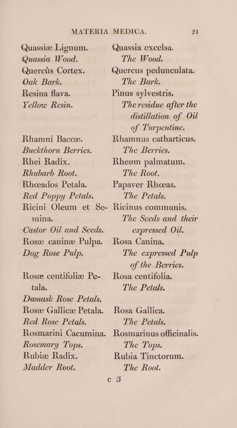 Quassize Lignum. Quassia excelsa. Quassia Wood. The Wood. Querctis Cortex. Quercus pedunculata. Oak Bark. The Bark. Resina flava. Pinus sylvestris. Yellow Resin. The residue after the distillation of Out of Turpentine. Rhamni Baccee. Rhamnus catharticus. Buckthorn Berries. The Berries. ~Rhei Radix. Rheum palmatum. Rhubarb Root. The Root. Rhoeados Petala. Papaver Rhoeas. Red Poppy Petals. The Petals. Ricini Oleum et Se- Ricinus communis. mina. The Seeds and their Castor Oil and Seeds. expressed Oil. Rosze canine Pulpa. Hosa Canina. Dog Rose Pulp. The expressed Pulp . of the. Berries. Roseze centifoliz Pe- Rosa centifolia. tala. The Petals. Damask Rose Petals. Rosze Gallicze Petala. Rosa Gallica. Red Rose Petals. The Petals. Rosmarini Cacumina. Rosmarinus officinalis. Rosemary Tops. The Tops. Rubize Radix. Rubia Tinctorum. Madder Root. The Root. ec 3