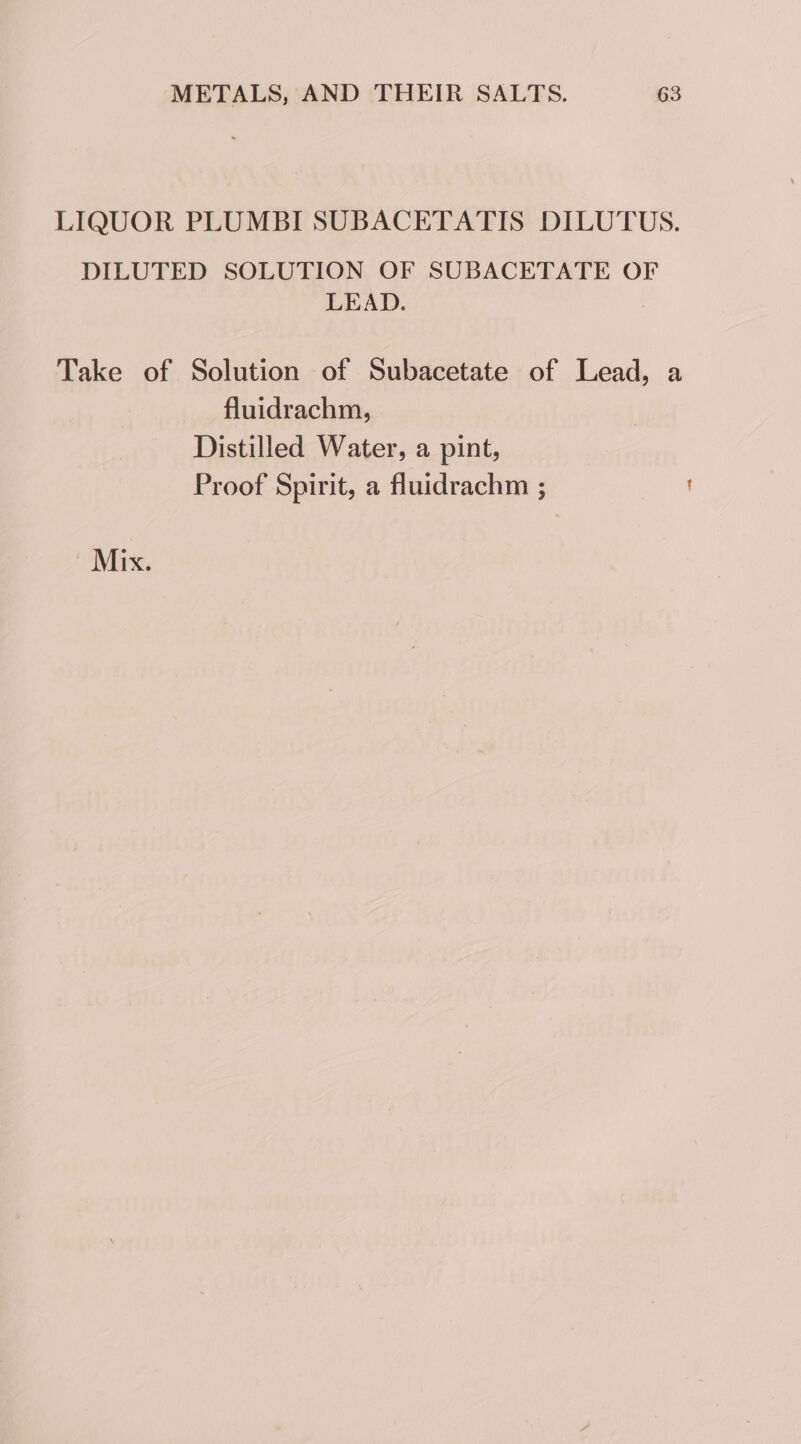 LIQUOR PLUMBI SUBACETATIS DILUTUS. DILUTED SOLUTION OF SUBACETATE OF LEAD. Take of Solution of Subacetate of Lead, a fluidrachm, Distilled Water, a pint, Proof Spirit, a fluidrachm ; ~ Mix.