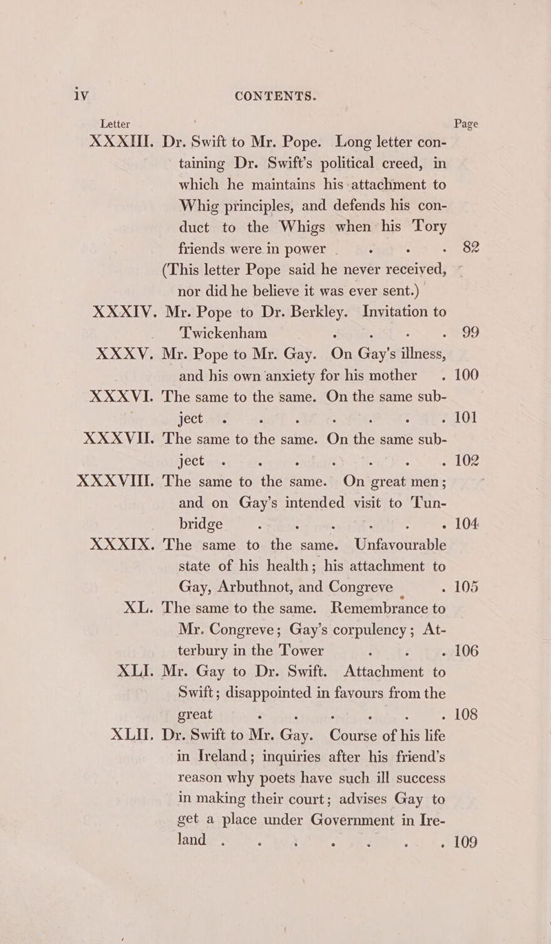 Letter Dr. Swift to Mr. Pope. Long letter con- taining Dr. Swift’s political creed, in which he maintains his attachment to Whig principles, and defends his con- duct to the Whigs when his Tory friends were in power (This letter Pope said he never rasta: nor did he believe it was ever sent.) Mr. Pope to Dr. Berkley. Invitation to Twickenham : Mr. Pope to Mr. Gay. On Gay’ S sige and his own anxiety for his mother The same to the same. On the same sub- ject : : : The same to the same. On the same sub- ject . . ; The same to the same. On great men; and on Gay’s intended visit to ‘Tun- bridge : : The same to the same. Unfavourable state of his health; his attachment to Gay, Arbuthnot, and Congreve The same to the same. Remembrance to Mr. Congreve; Gay’s corpulency; At- terbury in the Tower f Mr. Gay to Dr. Swift. Attachment to Swift; disappointed in favours from the great Dr. Swift to Mr. Bock Gai of his life in Ireland; inquiries after his friend’s reason why poets have such ill success in making their court; advises Gay to get a place under Government in Ire- land Page