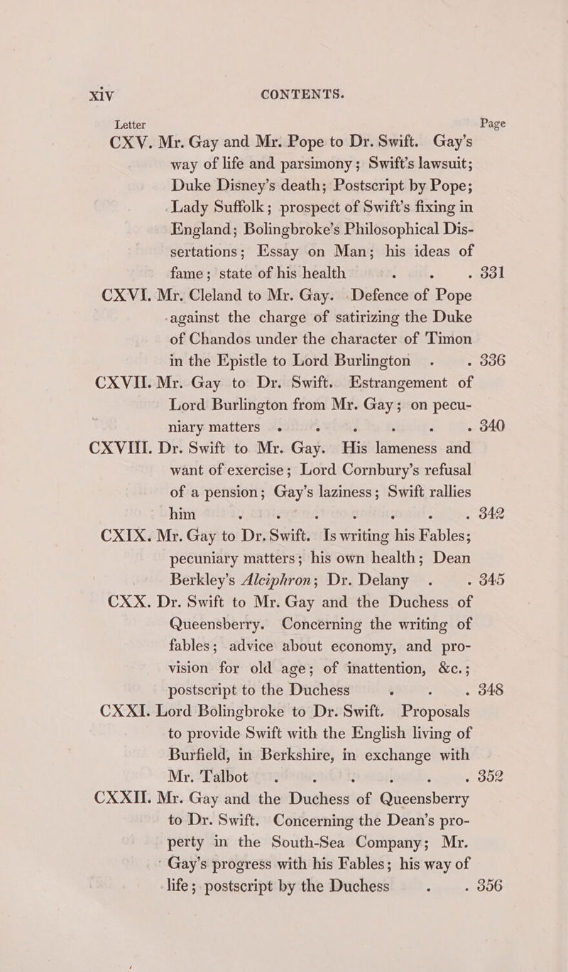 Letter Page CXV. Mr. Gay and Mr. Pope to Dr. Swift. Gay’s way of life and parsimony ; Swift's lawsuit; Duke Disney’s death; Postscript by Pope; Lady Suffolk; prospect of Swift's fixing in England; Bolingbroke’s Philosophical Dis- sertations; Essay on Man; his ideas of fame; state of his health 1K : . dul CXVI. Mr. Cleland to Mr. Gay. Defence of Pope -against the charge of satirizing the Duke of Chandos under the character of 'Timon in the Epistle to Lord Burlington . — . 336 CXVII. Mr. Gay to Dr. Swift.. Estrangement of Lord Burlington from Mr. Gay; on pecu- niary matters . : - 340 CXVIIL. Dr. Swift to Mr. Gay. His [Binénesk and want of exercise; Lord Cornbury’s refusal of a pension; Gay’s laziness; Swift rallies him : é : : 5 : . 342 CXIX. Mr. Gay to Dr. Swift. Is writing his Fables; pecuniary matters; his own health; Dean Berkley’s Aleiphron; Dr. Delany . - 045 CXX. Dr. Swift to Mr. Gay and the Duchess of Queensberry. Concerning the writing of fables; advice about economy, and pro- vision for old age; of inattention, &amp;c.; postscript to the Duchess ‘ ; . 348 CX XI. Lord Bolingbroke to Dr. Swift. Proposals to provide Swift with the English living of Burfield, in Berkshire, in exchange with Mr, ‘Talbot-(*: : . d02 CXXII. Mr. Gay and the Duchess “of Grenebercy to Dr. Swift. Concerning the Dean’s pro- perty in the South-Sea Company; Mr. ' Gay’s progress with his Fables; his way of life; postscript by the Duchess wee U0