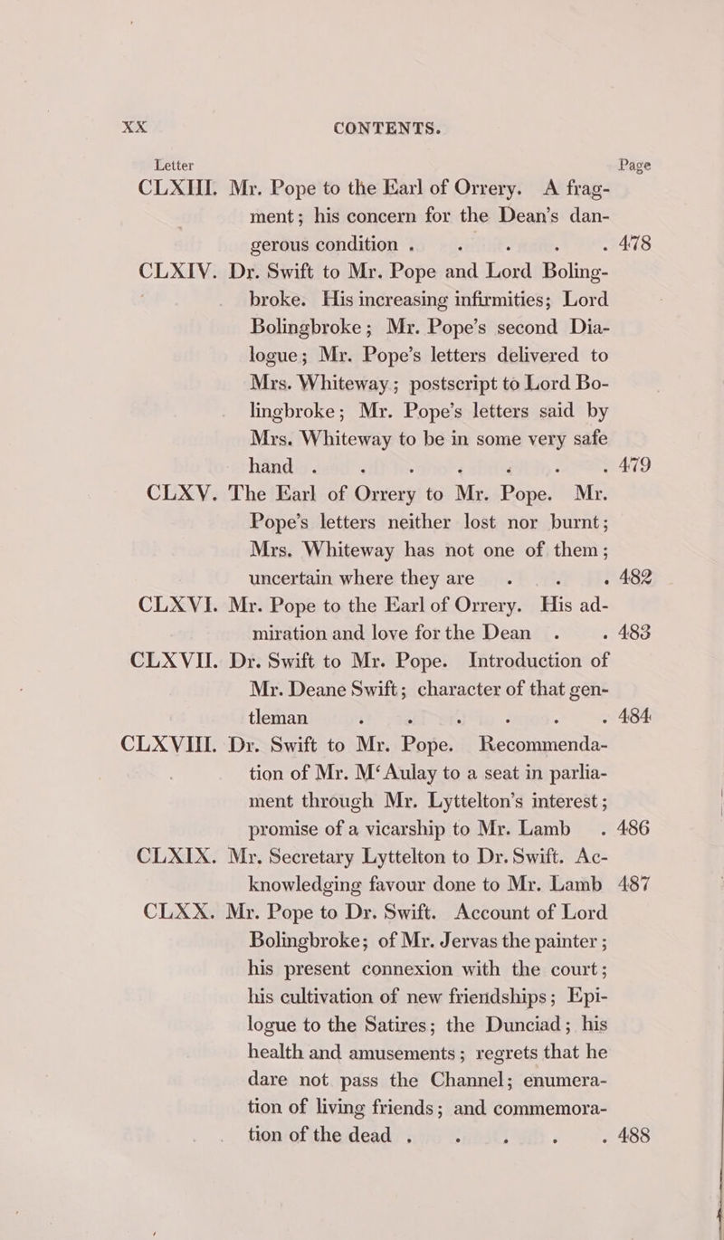 Letter Page Mr. Pope to the Earl of Orrery. &lt;A frag- ment; his concern for the Dean’s dan- gerous condition . : . 478 Dr. Swift to Mr. Pope and ee Boling: broke. His increasing infirmities; Lord Bolingbroke; Mr. Pope’s second Dia- logue; Mr. Pope’s letters delivered to Mrs. Whiteway ; postscript to Lord Bo- lingbroke; Mr. Pope’s letters said by Mrs. Whiteway to be in some very safe hand . ; . 479 The Earl of Guiers to Mr. Pinal Mr. Pope’s letters neither lost nor burnt; Mrs. Whiteway has not one of them; uncertain where they are. . 482 Mr. Pope to the Earl of Orrery. His ad- miration and love forthe Dean . » 483 Dr. Swift to Mr. Pope. Introduction of Mr. Deane Swift; character of that gen- tleman 3 ; ; . 484 Dr. Swift to Mr. Bato Recommenda- tion of Mr. M‘ Aulay to a seat in parlia- ment through Mr. Lyttelton’s interest ; promise of a vicarship to Mr. Lamb. 486 Mr. Secretary Lyttelton to Dr. Swift. Ac- knowledging favour done to Mr. Lamb 487 Mr. Pope to Dr. Swift. Account of Lord Bolingbroke; of Mr. Jervas the painter ; his present connexion with the court; his cultivation of new friendships; Epi- logue to the Satires; the Dunciad; his health and amusements; regrets that he dare not pass the Channel; enumera- tion of living friends; and commemora- tion of the dead . . : ‘ . 488