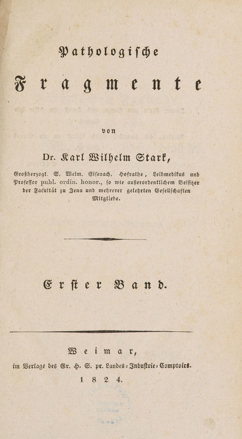 Pathologiſche ))) Dr. Karl Wilhelm Stark, Großherzogl. S. Weim. Eiſenach. Hofrathe, Leibmedikus und Profeſſor publ. ordin. honor., ſo wie außerordentlichem Beiſitzer der Facultaͤt zu Jena und mehrerer gelehrten Geſellſchaften Mitgliede. Erſter Band. Wie i n , im Verlage des Gr. H. S. pr. Landes-Induſtrie-Comptoirs. 18