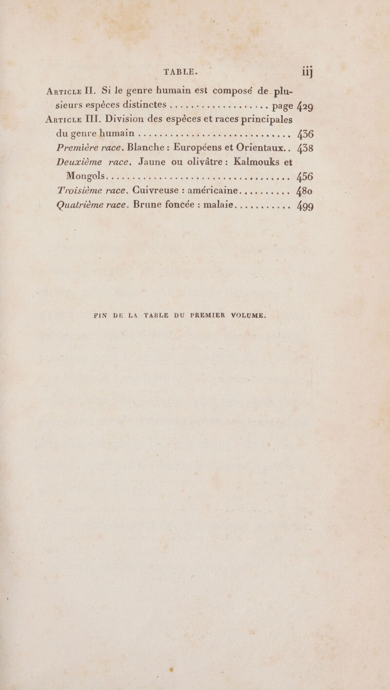 TABLE. ll] Arricze Il. Si le genre humain est composé de plu- sieurs espèces distinctes ................,.. page {29 AnrTicze III. Division des espèces et races principales dusenrehumain 10e ARE... 250 Première race. Blanche : Européens et Orientaux.. 438 Deuxième race. Jaune ou olivâtre : Kalmouks et Mongols:.72::.%. Srurtoust Sie à Me so eO Troisième race. Guivreuse : américaine. ......... 480 Quatrième race. Brune foncée : malaie........... 499 FIN DE LA TABLE DU PREMIER VOLUME.