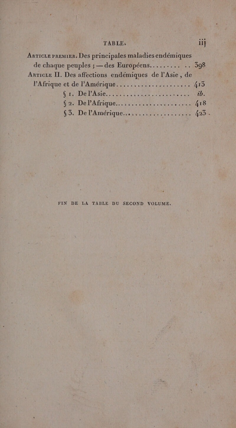 TABLE» ii] ARTICLE PREMIER. Des principales maladies endémiques de chaque peuples ; — des Européens......... .. 398 Arricre II. Des affections endémiques de l'Asie, de Afrique et de l’Amérique...... RE AERE Par) ue 413 GNDELASIE TER... RS NI d'u UE Poe PA IrIquen es ÉRRr. Len NSOMETE 5, De l'Amérique! sen un. sets 4281 FIN DE LA TABLE DU SECOND VOLUME.