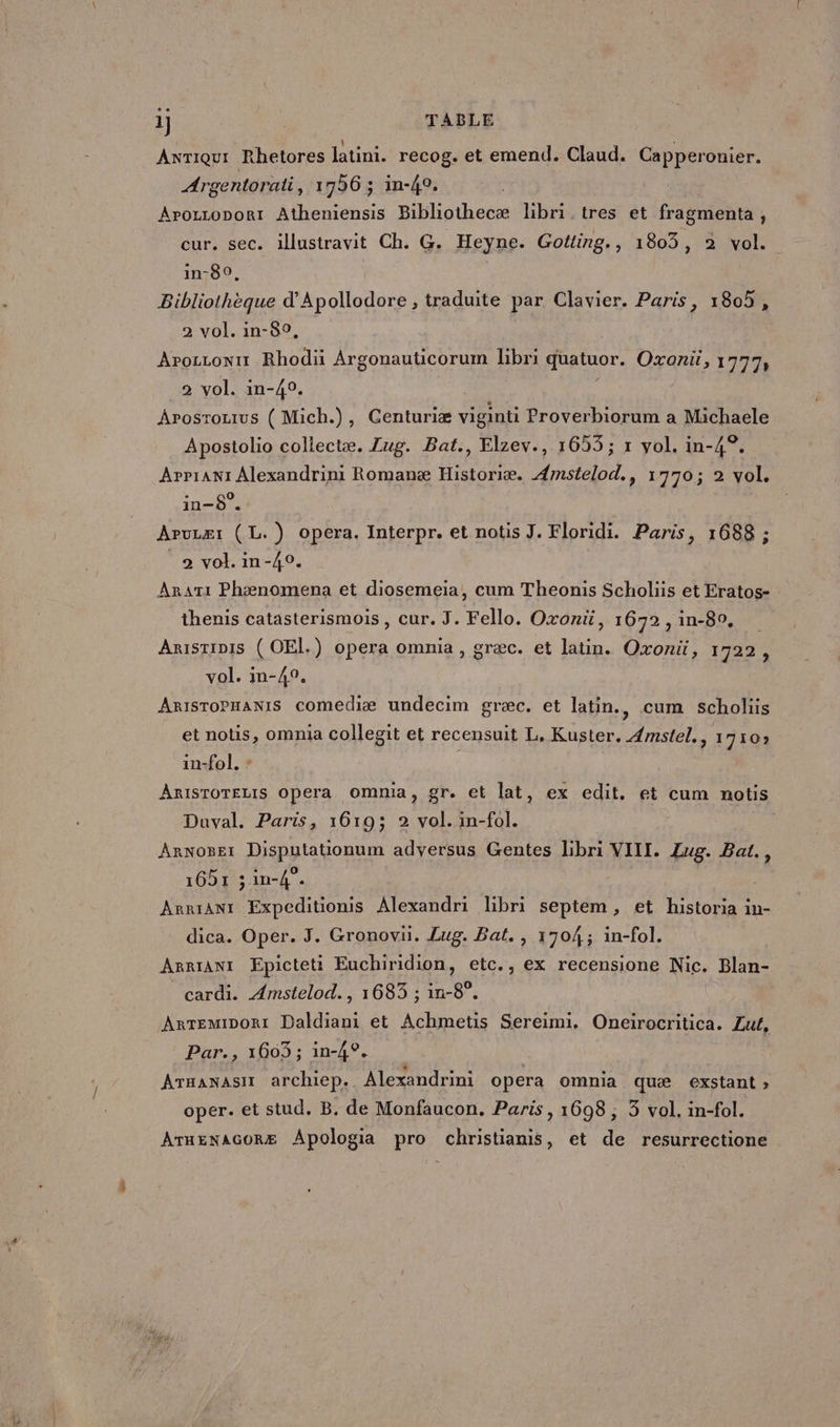 1] TABLE Anriqur Rhetores latini. recog. et emend. Claud. Capperonier. Argentorati, 1756 ; in-40. Arozroport Atheniensis Bibliothecæ libri tres et fragmenta, cur. sec. illustravit Ch. G. Heyne. Gotting., 1803, 2 vol. in-80, Bibliothèque d’Apollodore , traduite par Clavier. Paris, 1805, 2 vol. in-8°, ArozLonit Rhodi Argonauticorum libri quatuor. Oxonü, 17773 2 vol. in-40. | Ârosrouius ( Mich.), Centuriæ viginti Proverbiorum a Michaele Apostolio coliectæ. Lug. Bat., Elzev., 1653; r vol. in-4°. AppiANt Alexandrini Romanæ Historiæ. Æmstelod., 1770; 2 vol. in-8°. Aruzær (L. ) opera. Interpr. et notis J. Floridi. Paris, 1688 ; _2 vol. in-40. AraTi Phænomena et diosemeia, cum Theonis Scholiis et Eratos- thenis catasterismois , cur. J. Fello. Oxoni, 1672 ,in-80, Arisrinis ( OEl.) opera omnia , græc. et latin. Oxonü, 1722, vol. in-40. ARisToPHANIS comediæ undecim græc. et latin. cum scholus et notis, omnia collegit et recensuit L, Kuster. 4mstel., 1710 in-fol, * ARISTOTELIS Opera ommia, gr. et lat, ex edit. et cum notis Duval. Paris, 1619; 2 vol. in-fol. Arno8er Disputationum adversus Gentes libri VIII. Zug. Bat. ; 1651 ; in-4”. ; ArriANt Expeditionis Alexandri libri septem, et historia in- dica. Oper. J. Gronoviü. Lug. Bat. , 1704; in-fol. ArrIANt Epicteti Euchiridion, etc., ex recensione Nic. Blan- cardi. Amstelod., 1683 ; in-8°. ArTemiIDoRt Daldiani et Achmetis Sereimi. Oneirocritica. Zut, Par., 1603; in-4°. Armanasir archiep. Alexandrini opera omnia quæ exstant » oper. et stud. B. de Monfaucon. Paris, 1698 ; 3 vol. in-fol. ATHENAGORÆ Apologia pro christiams, et de resurrectione