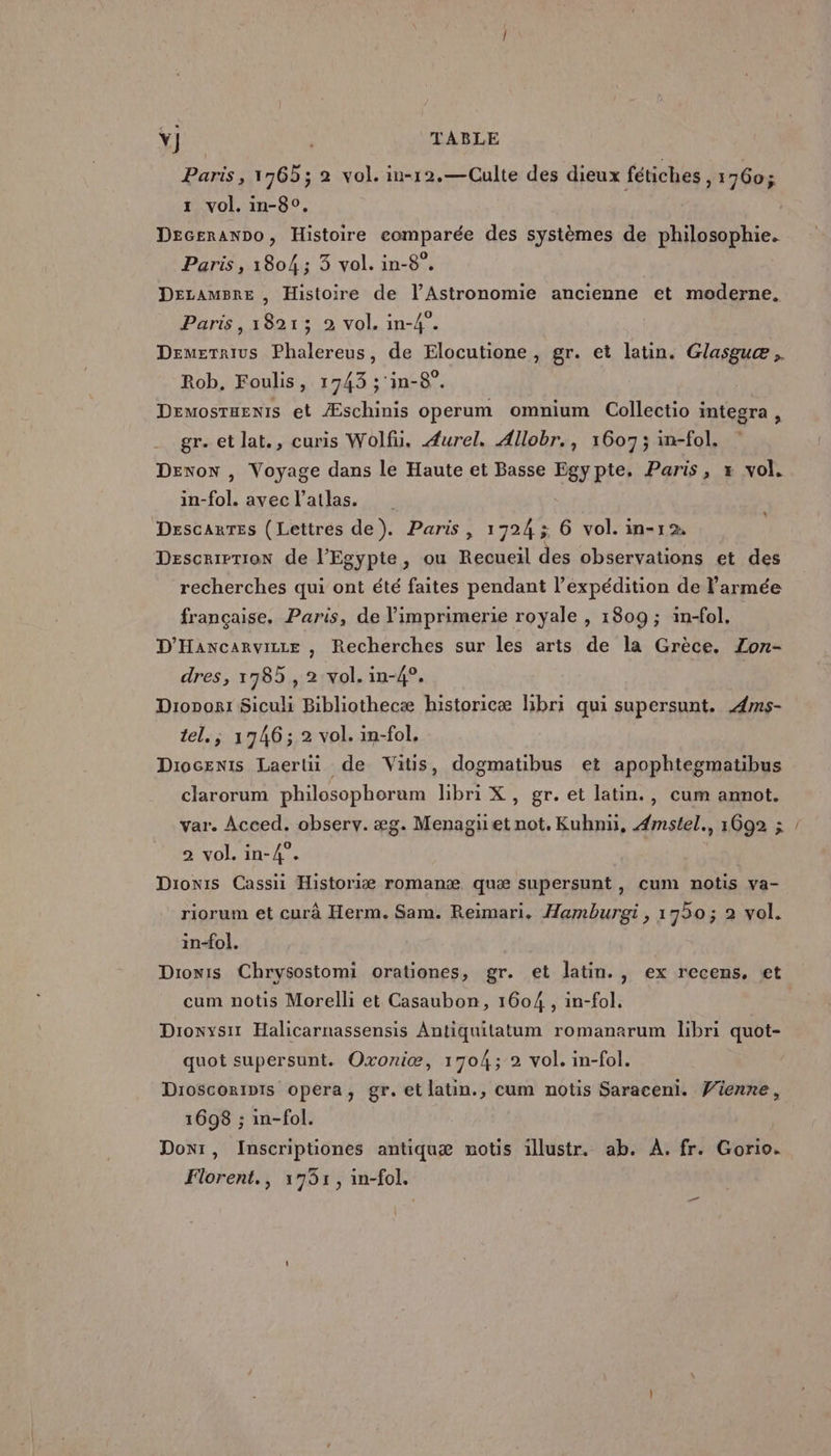 Y) | TABLE Paris, 1765; 2 vol. in-12.—Culte des dieux fétiches , 1760; 1 vol. in-80. DecerAnDo, Histoire comparée des systèmes de philosophie. Paris, 1804; 3 vol. in-8°. DELAMBRE . Histoire de l’Astronomie ancienne et moderne. 2 Paris, 1821; 2 vol. in-4”. Demetrius Phalereus, de Elocutione, gr. et latin. Glasguæ Rob, Foulis, 1743 ;'in-8°. Demosruenis et Æschinis operum omnium Collectio integra, gr. et lat., curis Wolfu. Æurel. Allobr., 1607; in-fol. Denon , Voyage dans le Haute et Basse Egypte. Paris, x vol. in-fol. avec l’atlas. Descartes (Lettres de). Paris, 1724; 6 vol. in-12, Description de l'Egypte, ou Recueil des observations et des x recherches qui ont été faites pendant l’expédition de armée française. Paris, de l'imprimerie royale , 1809 ; in-fol, D'Hancarvizze , Recherches sur les arts de la Grèce. Zon- dres, 1785 , 2 vol. in-4°. Diopori Siculi Bibliothecæ historicæ hbri qui supersunt. Æ4ms- tel. ; 1746; 2 vol. in-fol, Diocenis Laerliü de Vitis, dogmatibus et apophtegmatibus clarorum philosophoram libri X, gr. et latin., cum anmot. var. Acced. observ. 28. Menagiiet not. Kuhnï, Æmstel., 1692 ; 2 vol. in-4°. Dionis Cassii Historiæ romanæ quæ supersunt, cum notis va- riorum et curà Herm. Sam. Reimari. Hamburgi, 17950; 2 vol. in4ol. Dionis Chrysostomi orationes, gr. et latin., ex recens, et cum notis Morelli et Casaubon, 1604 , in-fol. Dionysit Halicarnassensis Antiquitatum romanarum libri quot- quot supersunt. Oxoniæ, 1704; 2 vol. in-fol. Dioscoripis opera, gr. et latin., cum notis Saraceni. Vienne, 1698 ; in-fol. Doxr, Inscriptiones antiquæ notis illustr. ab. À. fr. Gorio. Florent., 1751, in-fol.