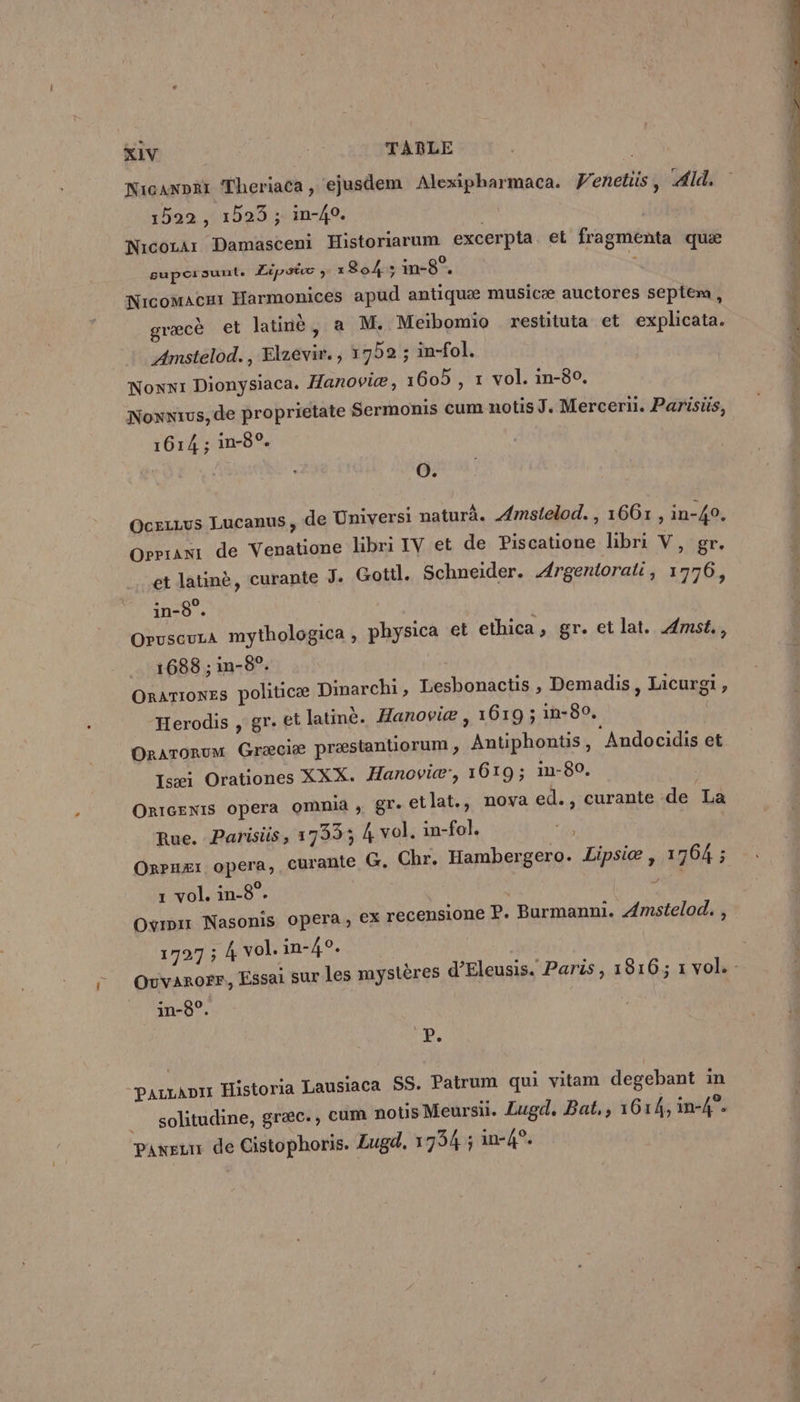 NiGANDRI Theriaca, ejusdem Alexipharmaca. fenelis, Ald, 1592, 15923; in-40. Nicozaï Damasceni Historiarum excerpta et fragmenta quæ pupoisunte Lipsiv y: So4: in-8°. * Nicomacur Harmonices apud antique musicæ auctores septem, græcè et latinè, a M. Meiïbomio restituta et explicata. Amstelod., Elzevir., 1722 ; in-fol. Nonnr Dionysiaca. Hanoviæ, 1605 , 1 vol. in-80. Noxnius,de proprietate Sermonis cum notis J. Merceru. Parisüs, 1614 ; in-8°. O. Ocezzus Lucanus, de Universi naturà. Æ#mstelod. , 1661, in-40, Orrram de Venatione libri IV et de Piscatione libri V, gr. et latinè, curante J. Gotil. Schneider. Argentorati, 1776, Oruscuza mythologica , physica et ethica, gr. et lat. Amst., 1688 ; in-8°. | Orarronss politicæ Dinarchi, Lesbonactis , Demadis, Licurgi, Herodis , gr. et latinè. Hanoviæ , 1619 ; in-80. Orarorum Græciæ præstantiorum , Antiphonüs, ‘Andocidis et Isxi Orationes XXX. Hanoviæ', 1619; in-80. Or1GENIS opera Omnia ; Br etlat., nova ed., curante de La Rue. Parisüs, 1733; 4 vol. in-fol. Onvuær opera, eurante G. Chr. Hambergero. Lipsiæ , 1764 ; 1 vol. in-8°. Ovinir Nasonis opera, € 1797 ; 4 Vol. in-4°. x recensione P. Burmanni. Amstelod. , D'A “PALLADIT Historia Lausiaca SS. Patrum qui vitam degebant in _ solitudine, græc., cum notis Meursii. Lugd. Bat,, 1614, in-4°. paxeun de Cistophoris. Lugd. 1734 ; in-4°. RE UT APT A ES