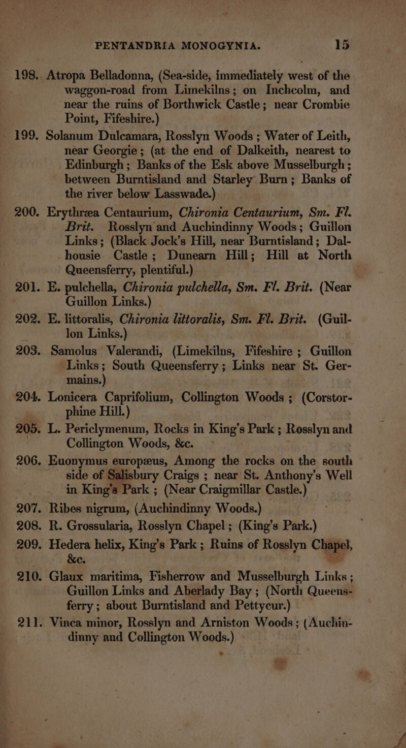 198.. Atropa Belladonna, (Sea-side, immediately west of the waggon-road from Limekilns; on Inchcolm, and near the ruins of Borthwick Castle; near Crombie : Point, Fifeshire.) - 199. Solanum Dulcamara, Rosslyn Woods ; Water of Leith, near Georgie ; (at the end of Dalkeith, nearest to Edinburgh ; Banks of the Esk above Musselburgh ; between Burntisland and Starley Burn ; Banks of the river below Lasswade.) 200. Erythrea Centaurium, Chironia Centaurium, Sm. Fl. Brit. Rosslyn'and Auchindinny Woods; Guillon Links; (Black Jock’s Hill, near Burntisland; Dal- -housie Castle; Dunearn Hill; Hill at North Queensferry, plentiful.) 201. E. pulchella, Chironia pulchella, Sm. Fl. Brit. (Near Guillon Links.) 202. E. littoralis, Chironia littoralis, Sm. Fl. Brit. (Guil- . lon Links.) 203. Samolus Valerandi, (Limekilns, Fifeshire ; Guillon ‘Links; South Queensferry ; Links near St. Ger- mains.) 204. Lonicera Caprifolium, Collington Woods ; (Corstor- | phine Hill.) 205. L. Periclymenum, Rocks in King’s Park ; Rosslyn and Collington Weods, &amp;c. 206, Euonymus europzus, Among the rocks on the south side of Salisbury Craigs ; near St. Anthony’s Well 3 in King’s Park ; (Near Craigmillar Castle.) 207. Ribes nigrum, (Auchindinny Woods.) 208. R. Grossularia, Rosslyn Chapel ; (King’s Park.) 209. Hedera helix, King’s Park ; Ruins of Rosslyn Chapel, c. a 210. Glaux maritima, Fisherrow and Musselburgh Links ; Guillon Links and Aberlady Bay ; (North Queens- ferry ; about Burntisland and Pettycur.) 211. Vinca minor, Rosslyn and Arniston Woods ; (Auchin- dinny and Collington Woods.) * bg