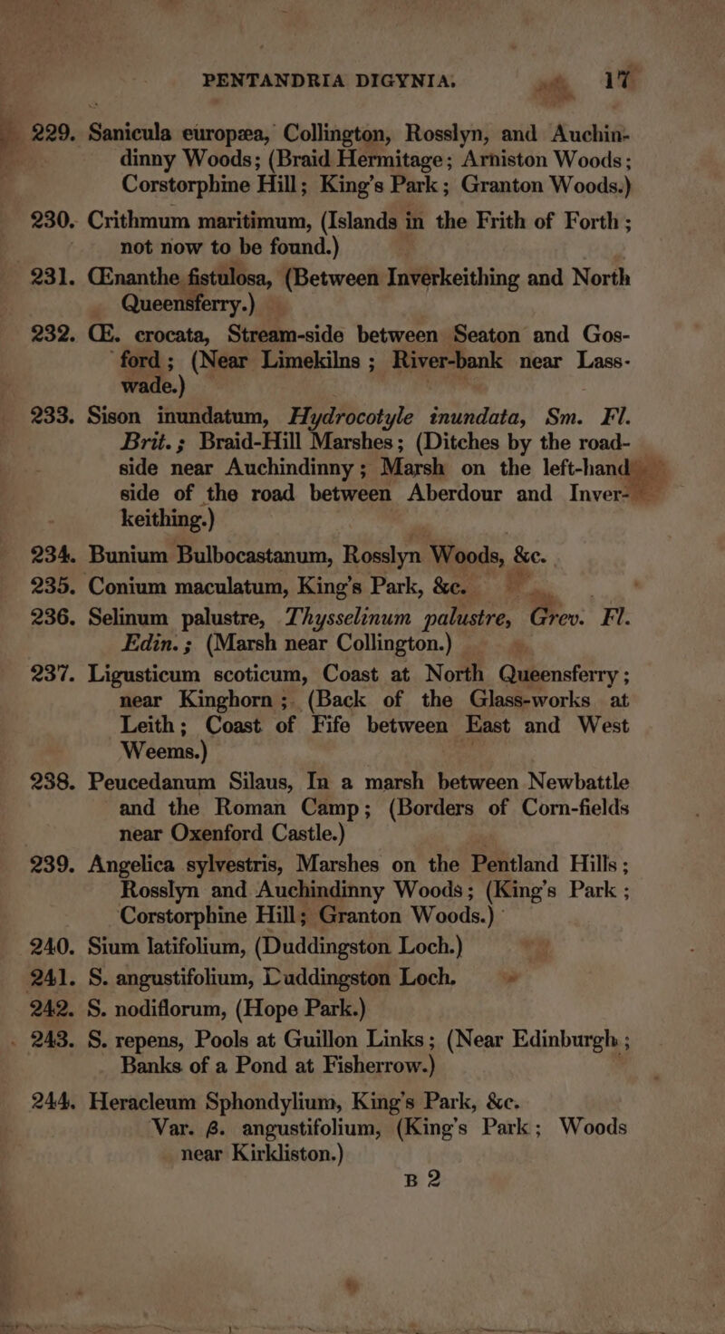 PENTANDRIA DIGYNIA; we 1G dinny Woods; (Braid Hermitage; Arniston Woods ; Corstorphine Hill; King’s Park ; Granton Woods.) 230. Crithmum maritimum, (Islands in the Frith of Forth ; not now to be found.) 231. CEnanthe fistulosa, (Between Inverkeithing and North Queensferry.) 232. CE. ecrocata, Stream-side between Seaton and Gos- ‘ford ; (Near Limekilns ; River-bank near Lass- wade.) : 233. Sison inundatum, Hydrocotyle tnundata, Sm. Fi. Brit. ; Braid-Hill Marshes; (Ditches by the road- side near Auchindinny ; Marsh on the left-hand” keithing.) 234. Bunium Bulbocastanum, Rosslyn Woods, ke. 235. Conium maculatum, King’s Park, &amp;c. _s 236. Selinum palustre, Thysselinum “nalinee OFev:: Fi. Edin. ; (Marsh near Collington.) near Kinghorn ;. (Back of the Glass-works at Leith; Coast of Fife between East and West Weems.) 238. Peucedanum Silaus, In a mS between Newbattle and the Roman Camp; (Borders of Corn-fields near Oxenford Castle.) 239. Angelica sylvestris, Marshes on the Pentland Hills ; Rosslyn and Auchindinny Woods; (King’s Park ; Corstorphine Hill; Granton Woods. iE 240. Sium latifolium, (Duddingston Loch.) 242. S. nodiflorum, (Hope Park.) Banks of a Pond at Fisherrow.) 244. Heracleum Sphondylium, King’s Park, &amp;c. ‘Var. 8. angustifolium, (King’s Park; Woods near Kirkliston.) B2 *