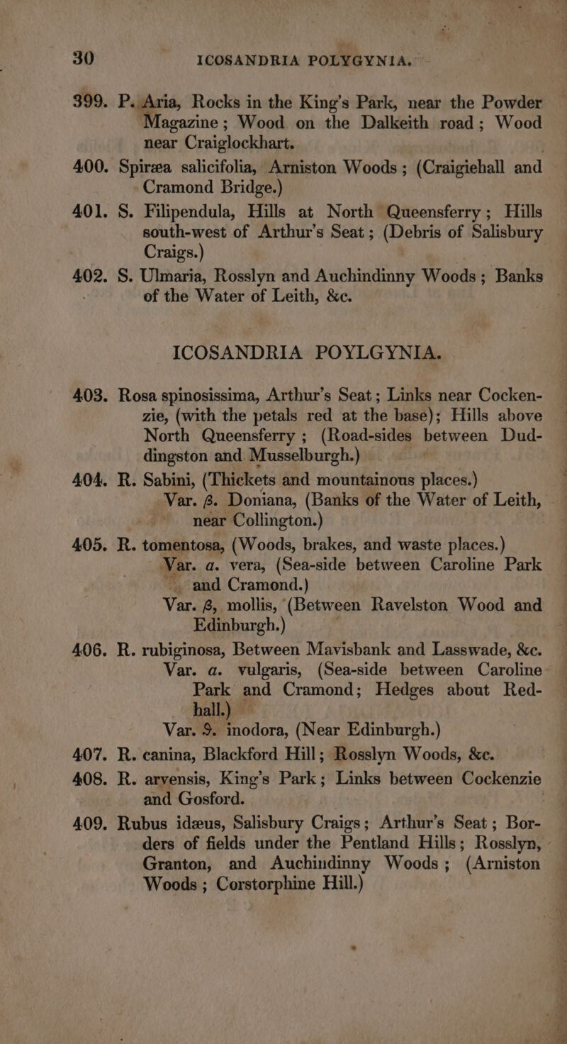 P. Aria, Rocks in the King’s Park, near the Powder Magazine ; Wood on the Dalkeith road; Wood near Craiglockhart. | Spirza salicifolia, Arniston Woods ; (Craigiehall and Cramond Bridge.) S. Filipendula, Hills at North Queensferry ; Hills south-west of Arthur’s Seat ; (Debris of Salisbury Craigs.) of the Water of Leith, &amp;c. ICOSANDRIA POYLGYNIA. Rosa spinosissima, Arthur’s Seat ; Links near Cocken- zie, (with the petals red at the base); Hills above North Queensferry ; (Road-sides between Dud- dingston and. Musselburgh.) R. Sabini, (Thickets and mountainous places.) Var. 2. Doniana, (Banks of the Water of Leith, near Collington.) R. tomentosa, (Woods, brakes, and waste places.) Var. a. vera, (Sea-side between Caroline Park ~ and Cramond.) Var. 8, mollis, (Between Ravelston Wood and Edinburgh.) R. rubiginosa, Between Mavisbank and Lasswade, &amp;c. Var. a. vulgaris, (Sea-side between Caroline Park and Cramond; Hedges about Red- hall.) Var. 9. inodora, (Near Edinburgh.) R. canina, Blackford Hill; Rosslyn Woods, &amp;c. and Gosford. Rubus ideeus, Salisbury Craigs; Arthur’s Seat ; Bor- Granton, and Auchindinny Woods; (Arniston Woods ; Corstorphine Hill.) os Oe