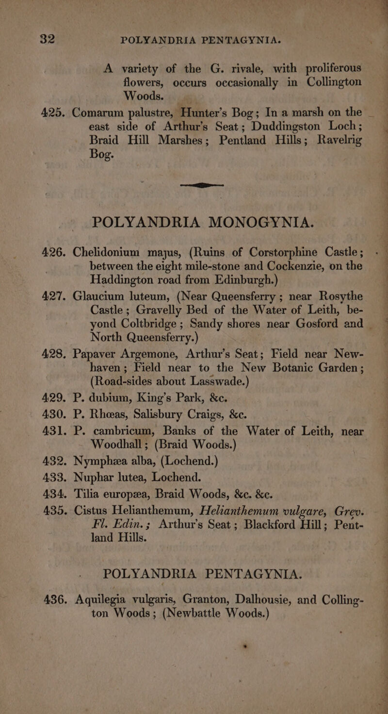 A variety of the G. rivale, with proliferous flowers, occurs occasionally in Collington Woods. Comarum palustre, Hunter's Bog; In a marsh on the _ east side of Arthur’s Seat; Duddingston Loch; Braid Hill Marshes; Pentland Hills; Ravelrig Bog. POLYANDRIA MONOGYNIA. Chelidonium majus, (Ruins of Corstorphine Castle; between the eight mile-stone and Cockenzie, on the Haddington road from Edinburgh.) Glaucium luteum, (Near Queensferry ; near Rosythe Castle ; Gravelly Bed of the Water of Leith, be- yond Coltbridge ; Sandy shores near Gosford and — North Queensferry.) Papaver Argemone, Arthur’s Seat; Field near New- haven; Field near to the New Botanic Garden ; (Road-sides about Lasswade.) P. dubium, King’s Park, &amp;c. P. Rheeas, Salisbury Craigs, &amp;c. P. cambricum, Banks of the Water of Leith, near Woodhall ; (Braid Woods.) Nymphza alba, (Lochend.) Nuphar lutea, Lochend. Tilia europzea, Braid Woods, &amp;c. &amp;c. Cistus Helianthemum, Helianthemum vulgare, Grev. Fl. Edin. ; Arthur’s Seat ; Blackford Hill; Pent- land Hills. POLYANDRIA PENTAGYNIA. Aquilegia vulgaris, Granton, Dalhousie, and Colling- ton Woods ; (Newbattle Woods.)