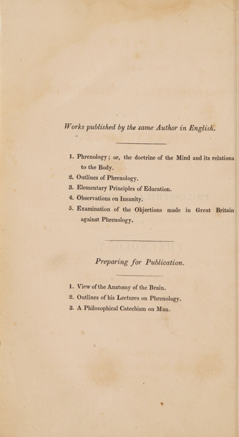 Works published by the same Author in English. 1, Phrenology ; or, the doctrine of the Mind and its relations to the Body. 2, Outlines of Phrenology. 3. Elementary Principles of Education. 4. Observations on Insanity. 5. Examination of the Objections made in Great Britain against Phrenology. Preparing for Publication. 1. View of the Anatomy of the Brain. 2. Outlines of his Lectures on Phrenology. 3. A Philosophical Catechism on Man.