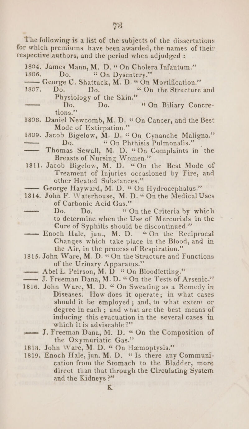 The following is a list of the subjects of the dissertations for which premiums have been awarded, the names of their respective authors, and the period when adjudged : 3804. James Mann, M. D. “ On Cholera Infantum.”’ 1806. Do. “ On Dysentery.” —— George C. Shattuck, M. D. “ On Mortification.” 1807. Do. Do. * On the Structure and Physiology of the Skin.” Do. Do. “ On Biliary Concre- tions.” 1808. Daniel Newcomb, M. D. “ On Cancer, and the Best Mode of Extirpation.”’ 1809. Jacob Bigelow, M. D. “ On Cynanche Maligna.” — Do. - Qn Phthisis Pulmonalis.” | —— Thomas Sewall, M. D. “On Complaints in the Breasts of Nursing Women.” 1811. Jacob Bigelow, M. D. “On the Best Mode of Treament of Injuries occasioned by Fire, and other Heated Substances.” —— George Hayward, M. D. “ On Hydrocephalus.” 1814. John F. Waterhouse, M. D. “ On the Medical Uses of Carbonic Acid Gas.” —— Do. Do. “ On the Criteria by which to determine when the Use of Mercurials in the Cure of Syphilis should be discontinued.” —— Enoch Hale, jun, M. D. “On the Reciprocal Changes which take place in the Blood, and in the Air, in the process of Respiration.” 1815. John Ware, M. D. * On the Structure and Functions of the Urinary Apparatus.” —— Abel L. Peirson, M. D. “ On Bloodletting.” —— J. Freeman Dana, M.D. “ On the Tests of Arsenic.’’ 1816. John Ware, M. D. “ On Sweating as a Remedy in Diseases. How does it operate; in what cases should it be employed; and, to what extent or degree in each ; and what are the best means of inducing this evacuation in the several cases in which it is adviseable ?” ——— J. Freeman Dana, M. D. “ On the Composition of the Oxymuriatic Gas.” 1818. John Ware, M. D. “ On Hemoptysis.” 1819. Enoch Hale, jun. M. D. “Is there any Communi- cation from the Stomach to the Bladder, more direct than that through the Circulating System and the Kidneys ?” K