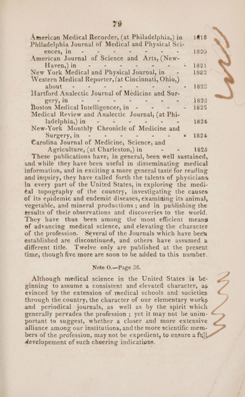 American Medical Recorder, (at Philadelphia,)in 1818 Philadelphia Journal of Medical and Pvaeical Sci- | ences, in - - - - - 1820 American Journal of Science and Ants, Piet Haven,)in - - - 1821 New York Medical and geet (ere iD, . 1822 Western Medical Reporter, (at Cincinnati, Ohio,) about - - - - - - - 1822 Hartford Analectic Journal Me Medicine and Sur- | gery, in - - : - - - - 1823 Boston Medical Intelligencer, in - - ~ = 1825 Medical Review and Analectic icin ae i“ Phi- ladelphia,) in - 1824 New-York Monthly Chrosiets of Medicine an’ Surgery, in - - - - - - * 1824 @arolina Journal of Medicine, Science, and Agriculture, (at Charleston,) in - - 1825 These publications have, in general, been well sustained, and while they have been useful in disseminating medical information, and in exciting a more general taste for reading and inquiry, they have called forth the talents of physicians in every part of the United States, in exploring the medi- ¢al topography of the country, investigating the causes of its epidemic and endemic diseases, examining its animal, vegetable, and mineral productions ; and in publishing the results of their observations and discoveries to the world. They have thus been among the most efficient meang ef advancing medical science, and elevating the character of the profession. Séveral of the Journals which have been established are discontinued, and others have assumed a different title. Twelve only are published at the present time, though five more are soon to be added to this number. Note 0.—Page 36. Although medical science in the United States is be- ginning to assume a consistent and elevated character, as evinced by the extension of medical schools and societies through the country, the character of our elementary works and periodical journals, as well as by the spirit which generally pervades the profession ; yet it may not be unim- portant to suggest, whether a closer and more extensive alliance among our institutions, and the more scientific mem- bers of the profession, may not be expedient, to ensure a fil adevelopement of such cheering indications.