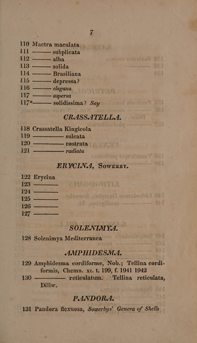 110 Maetra maculata . ili subplicata 112 alba 113 solida 114 Brasiliana 115 ' depressa? 116 elegans 117 aspersa 117* solidissima? Say CRAASSATELL.A. 118 Crassatella Kingicola 119 ——————— sulcata 120 — — —— — restrata 121 — — — ——- radiata ERYCI.N.4, Sowzrnnv. 122 Erycina 123 mage 125 126 127 —— ——— SOLE.NI.MY.A. 128 Solenimya Mediterranea AMP HIDESMA. 129 Amphidesma cordiforme, Nob.; 7Tellina cordi- formis, Chemn. xr. t. 199, f. 1941 1942 130 ————— — reticulatum. ^ Tellina reticulata, Dillw. PANDORA. 131 Pandora flexuosa, Sowerbys’ Genera of Shells