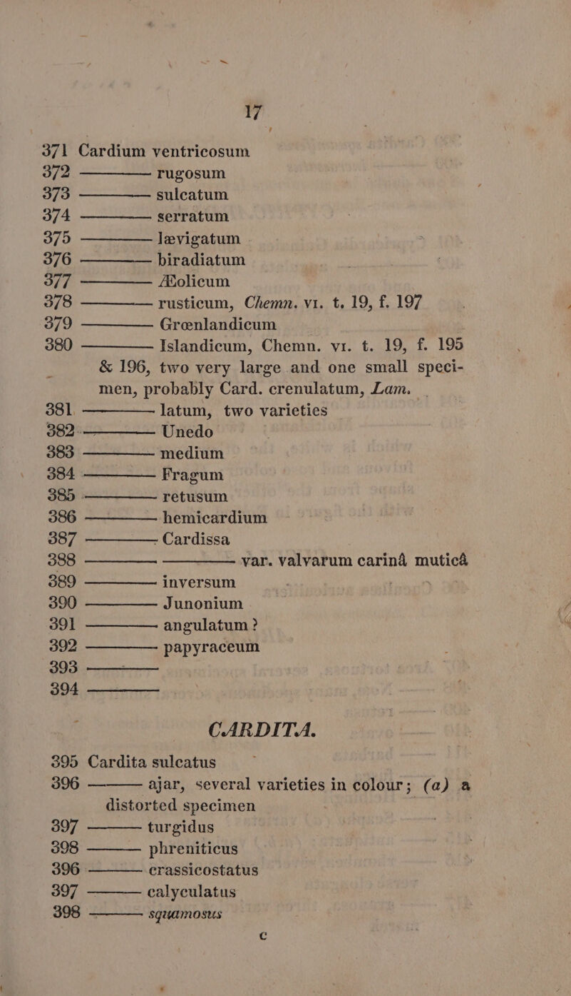 , 371 Cardium ventricosum 3/2 — ———— rugosum 9/3 — — —— sulcatum 374 — — —— serratum 9/90 — — —— levigatum 376 —— ——— biradiatum 377 —— ——— Aolicum 378 — rusticum, Chemn. vi. t, 19, f. 197 9/9 —————- Grenlandicum . 380 —— — —— Islandicum, Chemn. vi. t. 19, f. 195 &amp; 196, two very large and one small speci- men, probably Card. crenulatum, Lam. 381 —————— latum, two varieties 982 .— — —— Unedo 388 —— — —— medium 384 — — —— Fragum 385 .——— —— retusum 386 — — —— hemicardium 3887 — —— —— Cardissa 388. ——— —— — — ——— var. valvarum carina mutica 389 — — ——— inversum 390 — — —— Junonium 391 ———— — angulatum ? 392 — — —— papyraceum 3893 ———— — 394 C.ARDIT.A. 395 Cardita sulcatus 396 — ajar, several varieties in colour; (a) a distorted specimen | 397 turgidus 398 phreniticus 396 crassicostatus 397 calyculatus 398 - - squamosus