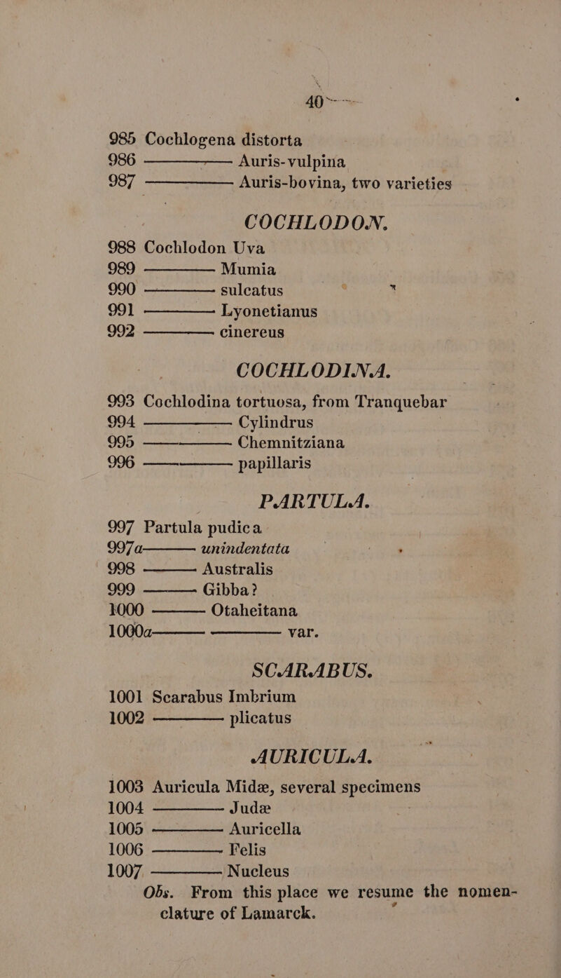 ARM 985 Cochlogena distorta 986 Auris-vulpina 987 ——— Auris-bovina, two varieties COCHLODO.N. 988 Cochlodon Uva 989 — — —— Mumia | 990 —— ———- sulcatus k 1 991 — ———— Lyonetianus 992 — —— —— cinereus COCHLODLN.A. 993 Cochlodina tortuosa, from Tranquebar 994 — ——— —— Cylindrus 995 —— Chemnitziana 996 —— papillaris PARTULA. 997 Partula pudica 997a unindentata 998 Australis 999 Gibba? 1000 Otaheitana 1000a var. SC.AILABUS. 1001 Scarabus Imbrium 1002 ————— plicatus AURICULAA. 1003 Auricula Mide, several pled 1004 ————— Jude 1005 ———— —— Auricella 1006 —— —— —— Felis 1007. —— —— — Nucleus Obs. From this place we resume the nomen- clature of Lamarck.