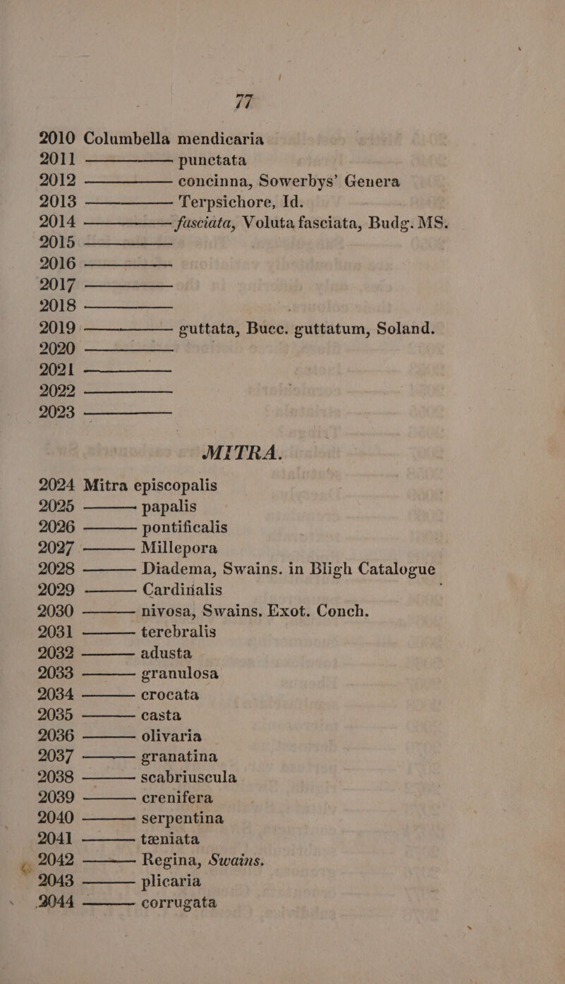 &amp; 2010 Columbella mendicaria 2011 punctata 2012 — — ———— concinna, Sowerbys' Genera 2013 —— Terpsichore, Id. 2014 —— ————— fusciata, V oluta fasciata, Budg. MS. 2015 : 2016 ————— —— 2017 2018 2019 — ———— —— guttata, Bucc. guttatum, Soland. 2020 2021 2022 2023 - MITRA. 2024 Mitra episcopalis 2025 papalis 2026 pontificalis 2027 Millepora 2028 Diadema, Swains. in Bligh Catalogue 2029 Cardinalis 2030 nivosa, Swains. Exot. Conch. 2031 terebralis 2032 adusta 2033 — granulosa 2034 crocata 2035 casta 2036 olivaria 2037 granatina 2038 scabriuscula 2039 crenifera 2040 serpentina 2041 teniata 2042 —— Regina, Swains. 2043 plicaria 2044 - corrugata