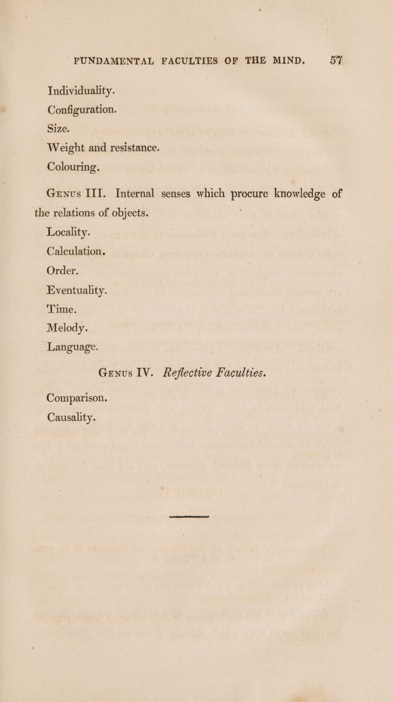 Individuality. Configuration. Size. Weight and resistance. Colouring. Genus III. Internal senses which procure knowledge of the relations of objects. Locality. Calculation. Order. Eventuality. Time. Melody. Language. Genus IV. Reflective Faculties. Comparison. Causality.