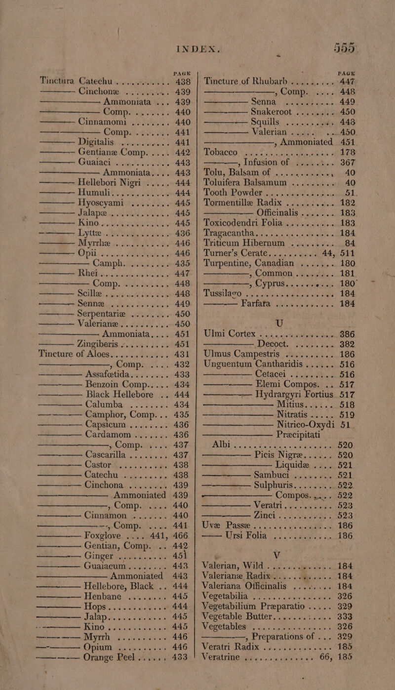 Tinctura Catechu ...... Shi 2 438 Cinchome. o&lt;. ewae 5 439 ——— Ammoniata ... 439 Compe aa.) 440 Cinnamomi ........ 440 —— Comps .t..'22% 441 ——— Digitalis: 2..ccene 441 — Gentiane Comp. .... 442 Gusaei kB eA SOE, 443 ———. Ammoniata 443 Hellebori Nigri ..... 444 Mumalitv uments 444 Hyoscyami ........ 445 ov AADAC 04) ESN AEA 445 WOO. «1. BeARReRR Ss 445 ———— Lytte oo... eee. 436 Wa yrehbite ss. oie. oeig te a6 Be 446 FPL. 6c Sew ORs AB ——_——— Camph. ........ 435 ———— Rhei.............. 447 — Conn, 26h wt-th, 448 Guess 5 ccd nde Pees Whig 448 OMB ants BGC: 449 ——— Serpentarie ........ 450 Valeriatias! .2A8 Noe. 450 Ammoniata.,... 451 Aingiherss. 62% 42 3s 451 Tincture of Aloes.........,.% 431 Misemamen Ex; 432 ——— Assafetidasccenss 433 — ee Benzoin Comp..... 434 ——-——. Black Hellebore .. 444 — (alumbers: -obexe 434 ——_——-— Camphor, Comp... 435 ————-—. Capsicum ........ 436 ——_———. Cardamom ....... 436 ,»Comp. .... 437 —— (aséanila oo. eae’ 437 ————-— Castor ........6. 438 lateChG eubiin ss xa 438 — ——-— Cinchona ........ 439 ee Ammoniated 439 ——— , Comp. .... 440 ———-——. Cinnamon ....... 440 —__——_——~-, Comp. .... 441 — Foxglove .... 441, 466 a Gentian, Comp. .. 442 ——_—_~— Ginger »..........4. 451 ——-——— Guaiacum........ 443 ——_——_—_——— Ammoniated 443 eee Hellebore, Black .. 444 — Henbane ........ 445 HOp6:.'s de SF make dient 444 ———— Jalap.. sciences 445 oo FEn6. COR 0e he ca 445 ——-—— Myrrh .......... 446 i OPM 04s PRS, 446 ——-~-— Orange Peel....., 433 Tincture of Rhubarb ......... AAT , Comp 448 —-—--— Senna. cist on.c.449 —- Suakeroot 3. e.neu 450 ———-— Squills ........4. 448 — Valerian ..... .-. 450 — , Ammoniated 451 GCC tia So Sareea a Sig 178 -—, Infusion of .....%.. 367 Tolu, Balsam of ..... i laa ah i . 40 Toluifera Balsamum ......... 40 ‘Footh Powder i.:; . jas'tibad. POON Tormentille Radix .......... 182 —-— Officinalis....... 183 Toxicodendri Folia .......... 183 Dee aa fe Wiss ales, 9 Pe ao 184 Triticum Hibernum ......... 84 Purmey’s: Cerate, . «,: 6 «bad 44, 511 Turpentine, Canadian ....,.. 180 _ 5 ORRTBON: sah. 3 181 —————, Cyprus...... : 180° PuSstha GO Se suas aston Bacgue civ Ligne 184 —— Farfata: iiisaca wien s 184 Jon Uhm Cortes ou... .seaeeaes 386 —————— Decoct. ........ 382 Ulmus Campestris .......... 186 Unguentum Cantharidis...... 516 -———. Cetacei ......... 516 eee Elemi Compos. .. 517 ———--— Hydrargyri Fortius 517 ——__——_ Mitins yh 2 5 518 ——— Nitratis ..... 519 Nitrico-Oxydi 51 Precipitati se) Gaerne ahd Mpeg ese ote 520 —— Picis Nigre...... 520 we Liquide .... 521 ee Sambued isis les 521 —-—————. Sulphuris........ 522 Compos.,... 522 Veratnt so Sapaers 523 - LIM oe tee 523 Dita: Rasste ss ic'se «wieder: 186 Arse Bohia yi). s amen a 186 ¢ Vv Valerian, Wild ....... ais wes 184 Valeriane Radix...... ae 184 Valeriana Oificinalis ........ 184 Vegetabilian.. oii’. ches aatewets 326 Vegetabilium Preparatio ..... 329 Vegetable Butter....... dpe SOP Weretabtede 1. tema nae b&gt; 326 an -—, Preparations of ... 329 Veratri Radin suave ves as” 185 Veratrine teas a5: 78s oh a 66, 185