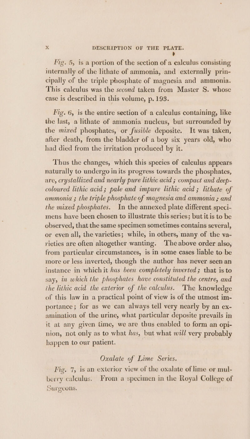 U Fig. 5, is a portion of the section of a calculus consisting internally of the lithate of ammonia, and externally prin- cipally of the triple phosphate of magnesia and ammonia. This calculus was the second taken from Master S. whose case is described in this volume, p. 193. Fig. 6, is the entire section of a calculus containing, like the last, a lithate of ammonia nucleus, but surrounded by the mixed phosphates, or fusible deposite. It was taken, after death, from the bladder of a boy six years old, who had died from the irritation produced by it. — Thus the changes, which this species of calculus appears naturally to undergo in its progress towards the phosphates, are, crystallized and nearly pure lithic acid ; compact and deep- coloured lithic acid; pale and impure lithic acid ; lithate of ammonia ; the triple phosphate of magnesia and ammonia ; and the mixed phosphates. In the annexed plate different speci- mens have been chosen to illustrate this series; but it is to be observed, that the same specimen sometimes contains several, or even all, the varieties; while, in others, many of the va- rieties are often altogether wanting. The above order also, from particular circumstances, is in some cases liable to be more or less inverted, though the author has never seen an instance in which it has been completely verted ; that is to say, in which the phosphates have constituted the centre, and the lithic acid the exterior of the calculus. The knowledge of this law in a practical point of view is of the utmost im- portance; for as we can always tell very nearly by an ex- amination of the urine, what particular deposite prevails in it at any given time, we are thus enabled to form an opi- nion, not only as to what has, but what will very probably happen to our patient. | Oxalate of Lime Series. Fig. 7, is an exterior view of the oxalate of lime or mul- berry calculus. From a specimen in the Royal College of Surgeons.